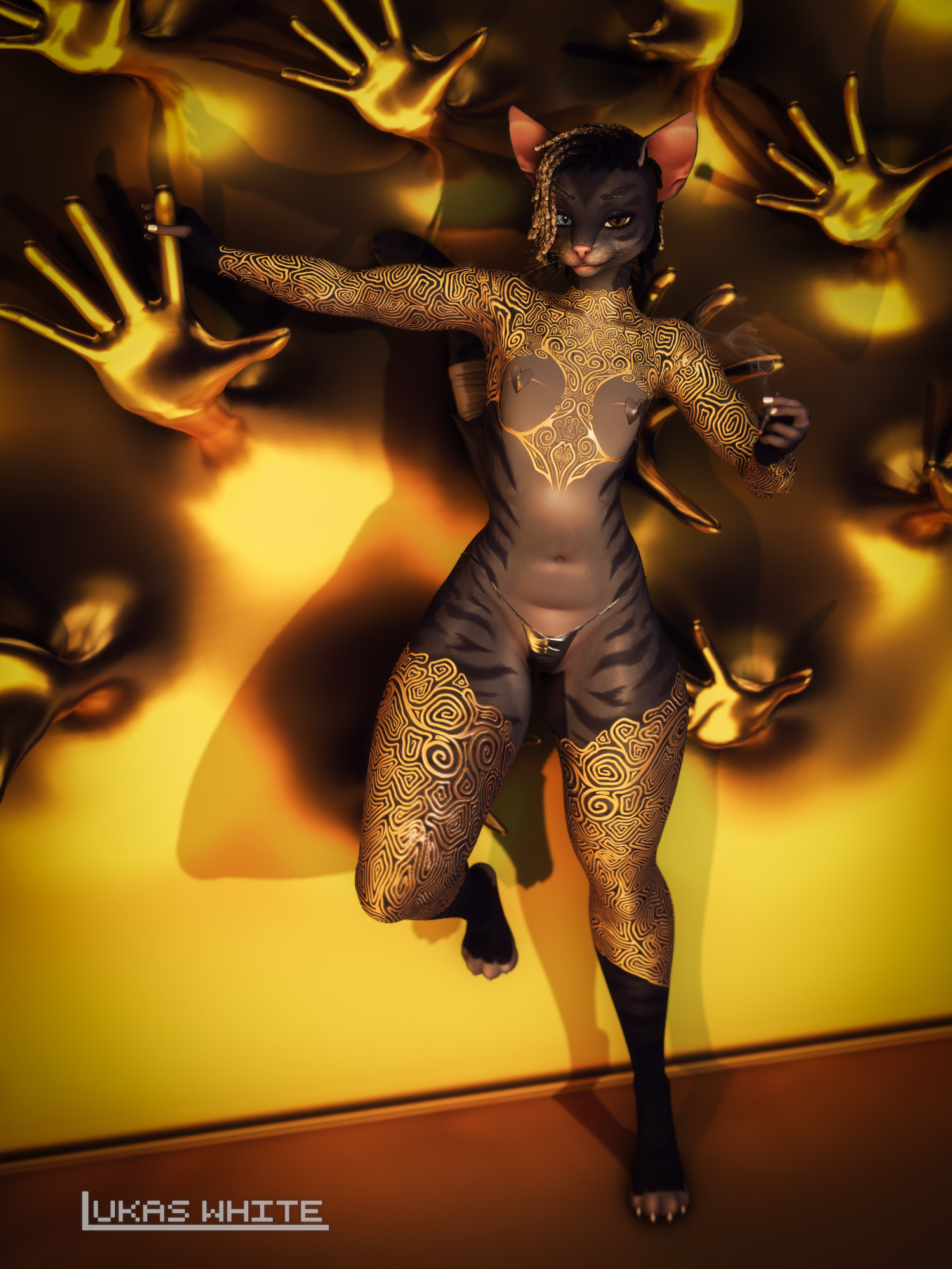 A nearly-naked catboy stands in an abstract Second Life location. He's on one foot, leaning against a wall of gold, hands stretching through it to reach for him. He's an ash-black cat with darker stripes, swirling golden tattoos around his arms, chest, neck, and thighs, and mismatched blue-and-brown eyes. Blonde-tipped dreads cascade down one side of his face, heart pasties partially cover top surgery scars, and the only other thing he wears is a tight little black vinyl thong. He's smirking at the viewer, clutching a cigarette holder in thumb and forefinger with one hand, and grasping at the finger of one of the golden hands with the other.