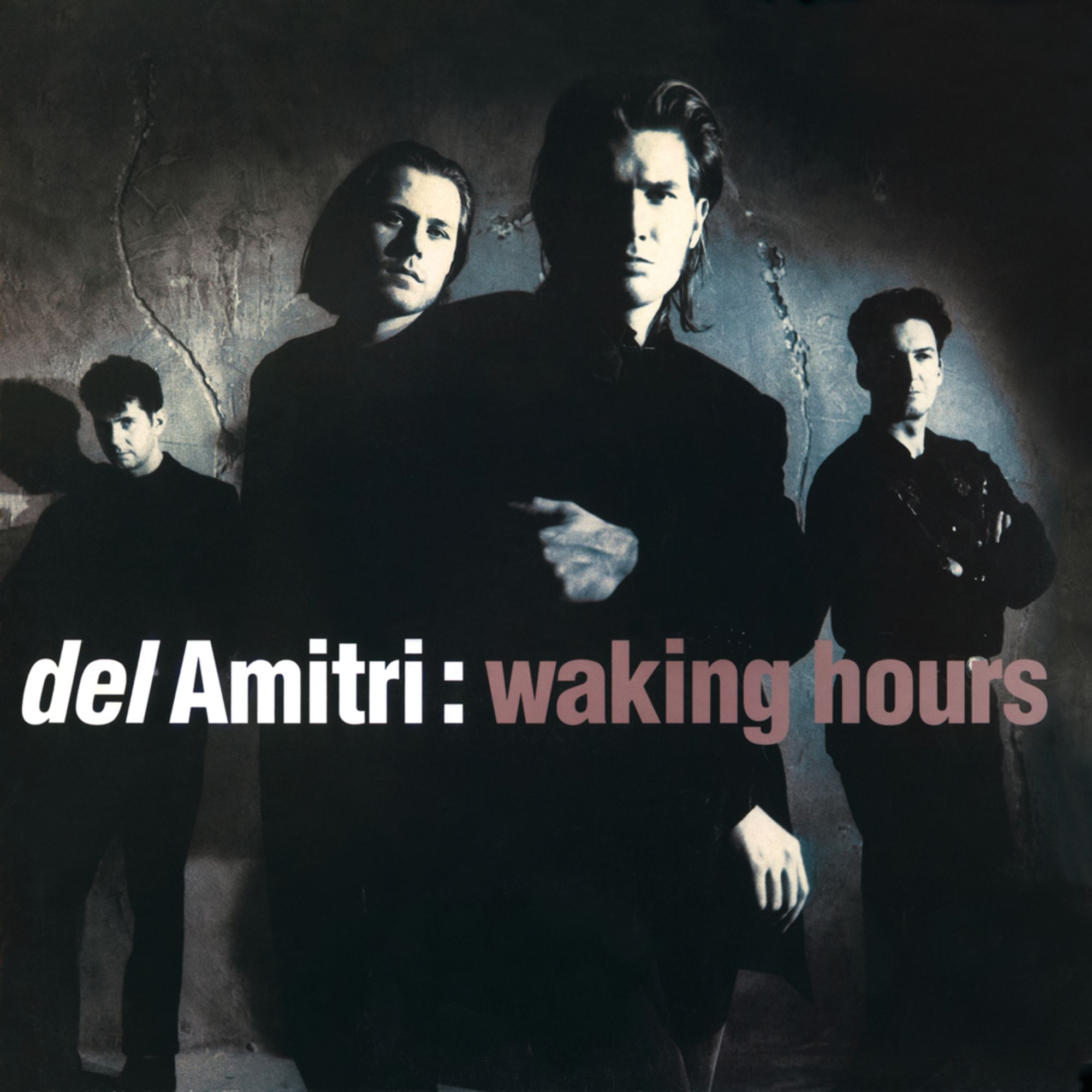 The image shows the album cover for *Waking Hours* by *Del Amitri*. The cover features a dark, moody photo of the band members, dressed in black, standing against a textured wall with deep shadows cast around them. The lighting emphasizes their serious expressions, giving a brooding and introspective feel. The band name, *del Amitri*, is written in white lowercase letters on the left, while the album title, *waking hours*, appears to the right in a muted pinkish-gray font. The minimalist design and colour palette reinforce the album's reflective and sombre tone.