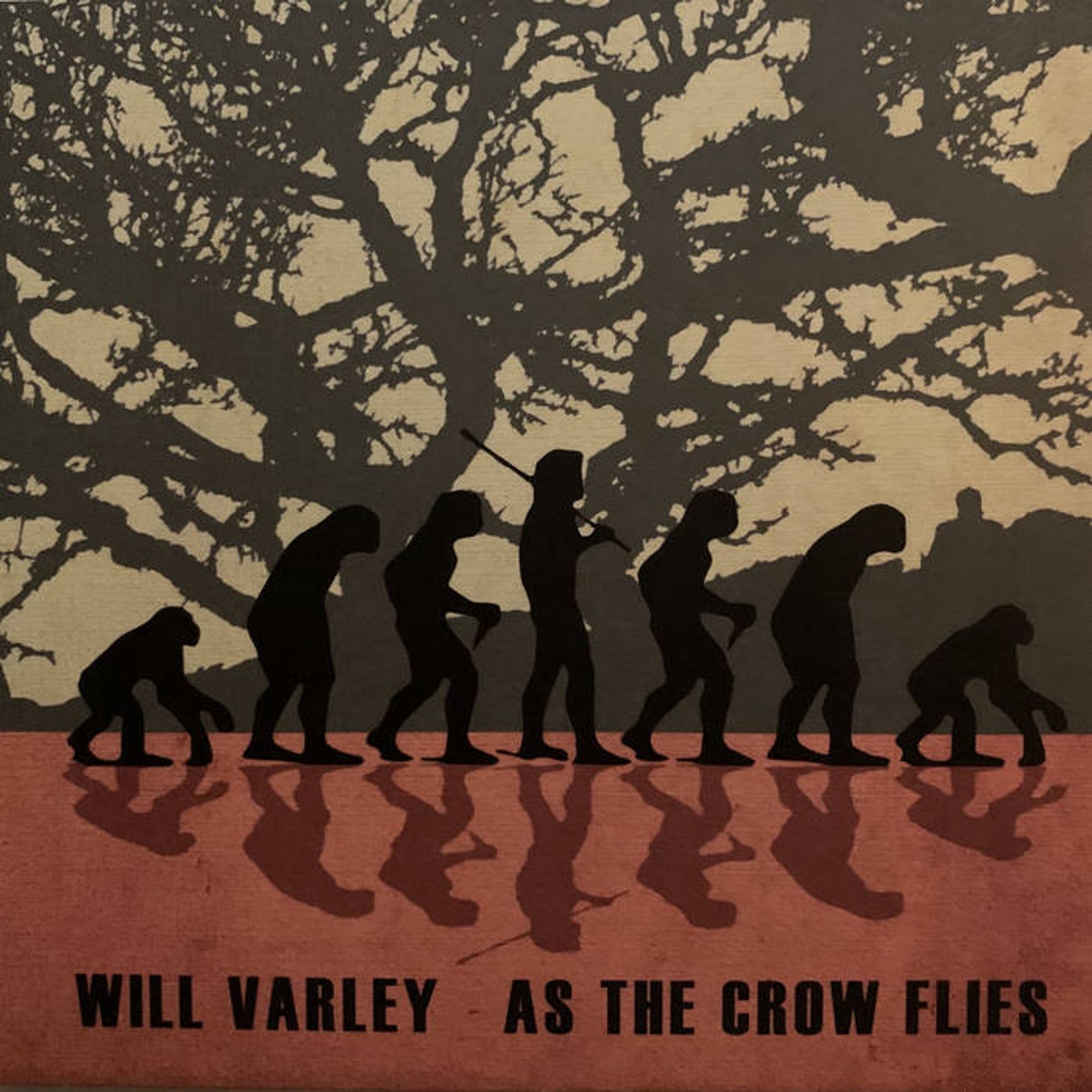 The image is the artwork from the "As the crow flies" album by Will Varley. It features silhouettes of human evolution stages, from a hunched ape-like figure on the left progressing to an upright human on the right, arranged in a line. These figures are black against a reddish-brown bottom portion. Above them is a large, intricate tree silhouette in dark green against a pale yellow background, creating a striking contrast. At the bottom of the image is text that reads "WILL VARLEY - AS THE CROW FLIES", likely indicating the artist and album title.