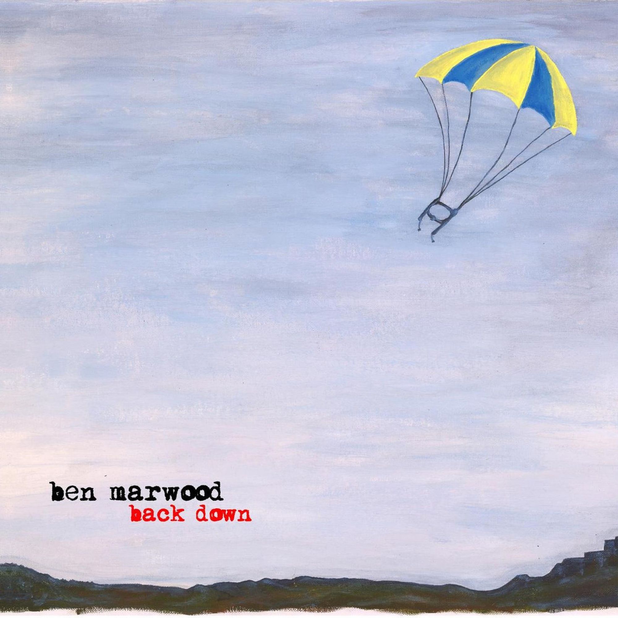 The image shows the album cover for *"Back Down"* by Ben Marwood. It features a minimalist, hand-painted style with a parachute descending from the top right corner against a pale, cloudy sky. The parachute is yellow and blue, and notably, there is no figure attached to it, suggesting that someone may have fallen or jumped. At the bottom left of the cover, the artist's name "ben marwood" is written in black lowercase letters, while the album title "back down" is displayed just below in red. The distant landscape at the bottom shows the silhouette of hills, adding a sense of vastness and mystery to the scene.