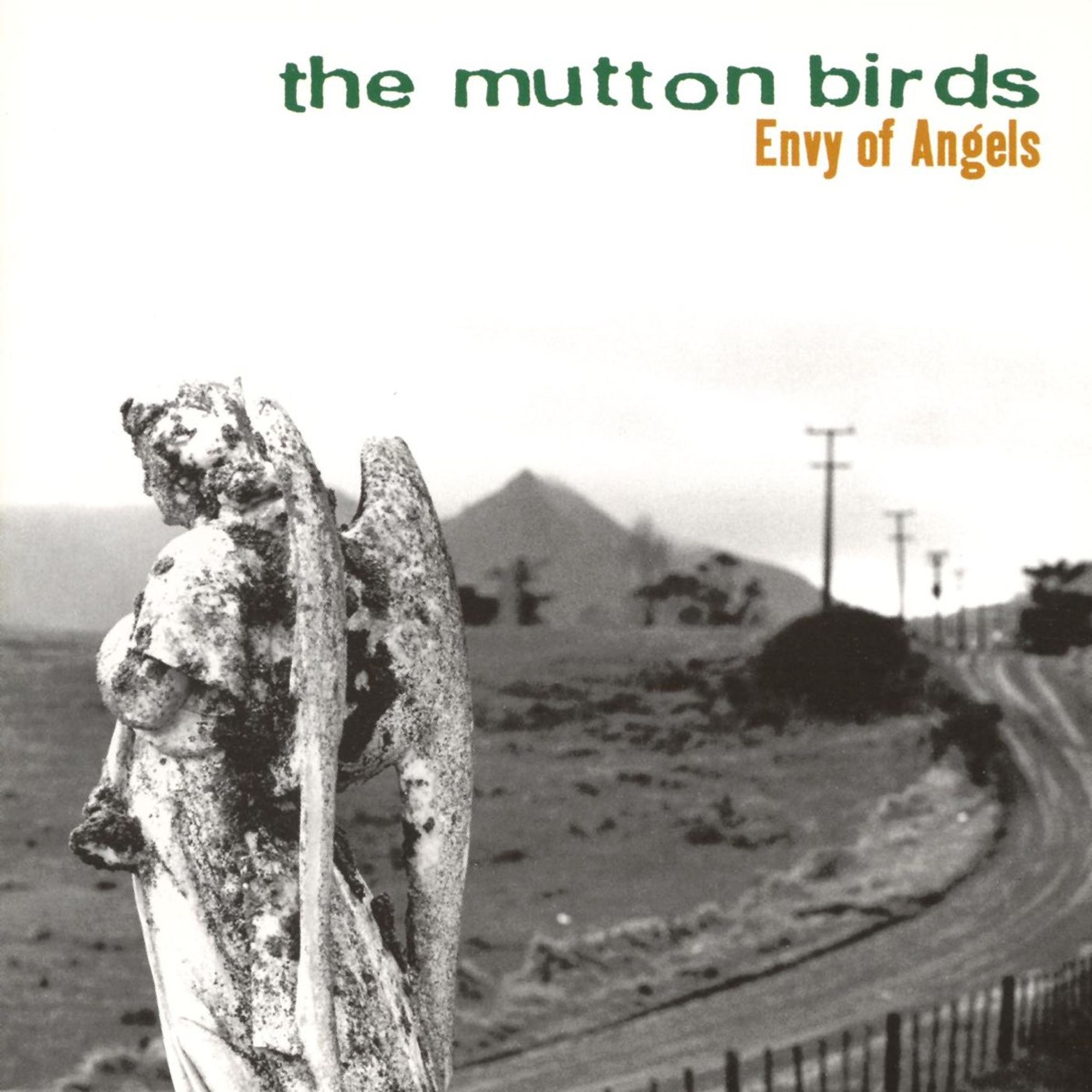 The image shows the album cover for *Envy of Angels* by *The Mutton Birds*. The cover features a black-and-white photograph of a weathered stone angel statue in the foreground, with its back turned slightly and wings partially eroded. The background displays a winding rural road flanked by power lines, leading off into a distant, mountainous landscape. The image evokes a sense of solitude and decay. The band name, *The Mutton Birds*, is written in a simple, green lowercase font at the top of the cover, while the album title *Envy of Angels* appears to the right in a smaller orange font, contrasting against the grayscale imagery.