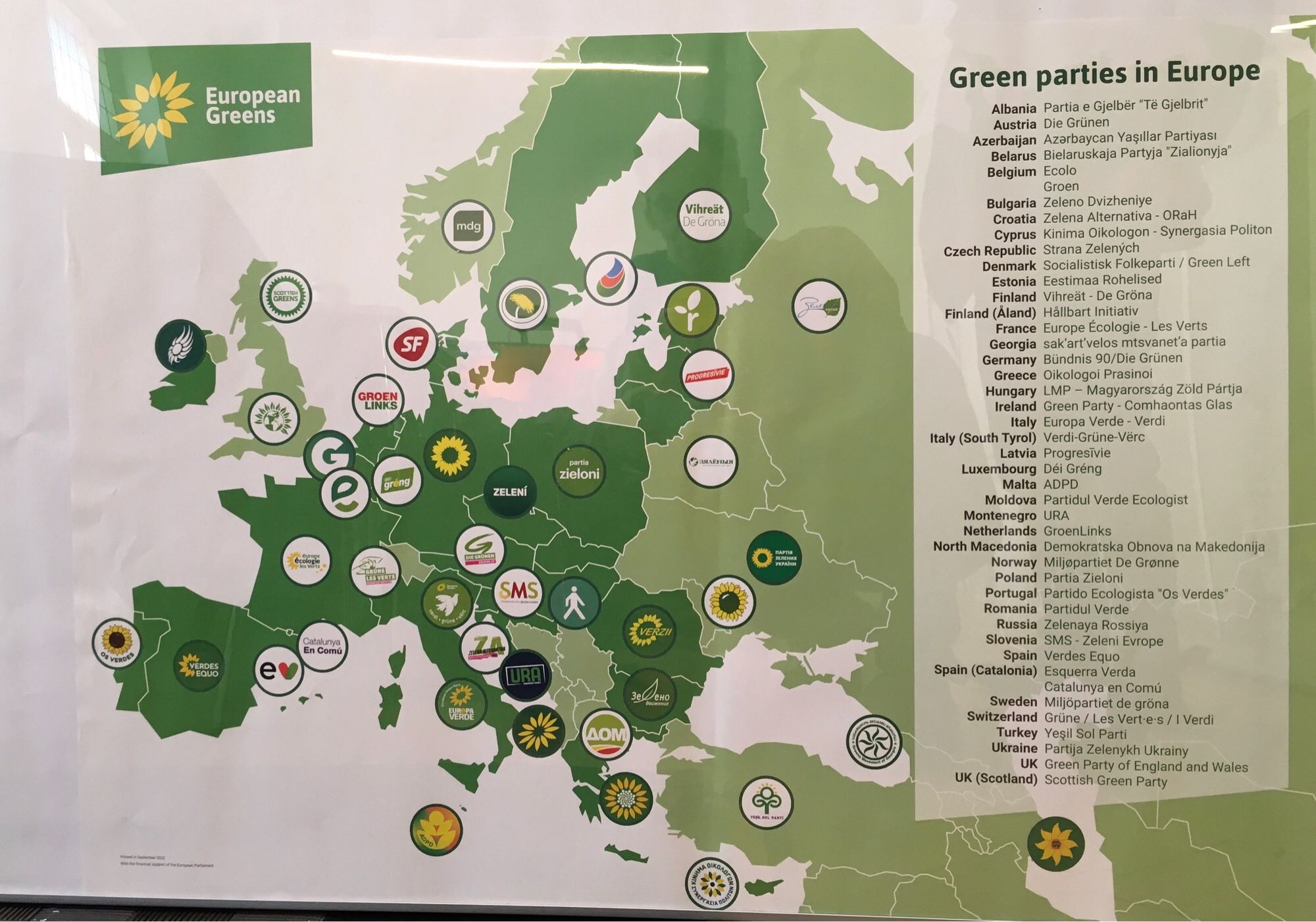 Plakat mit allen Grünen Parteien Europas.