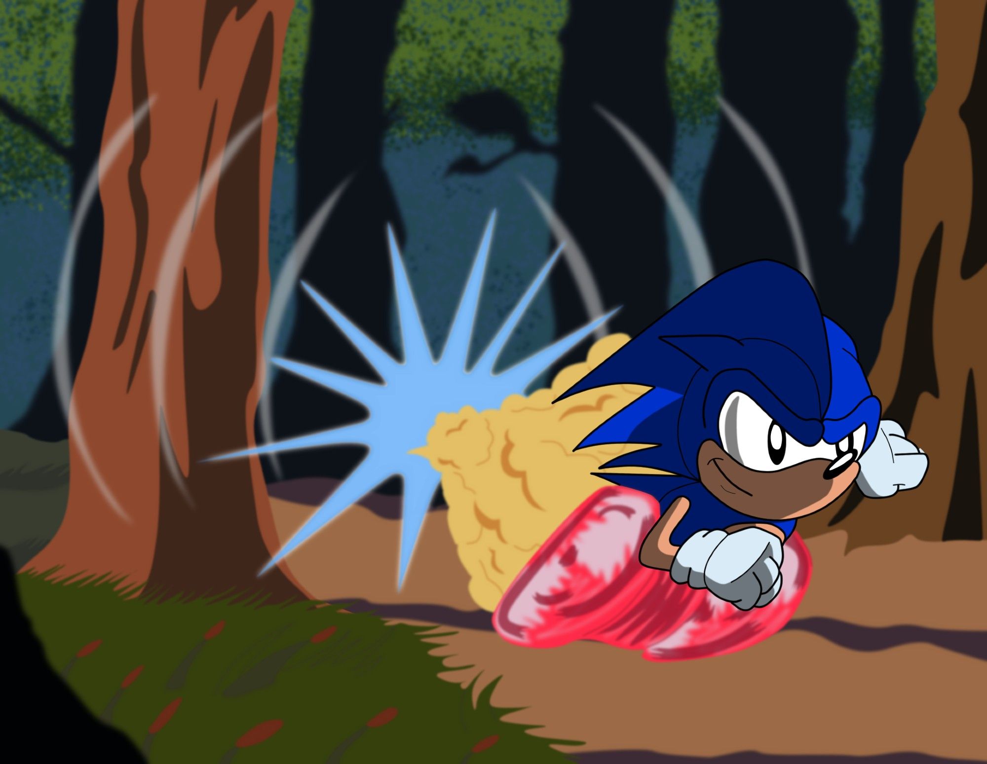 A fan art recreation of a scene from the 1993 "Sonic the Hedgehog" cartoon opening sequence.  Sonic the Hedgehog is in the foreground, leaning forward as he races towards the viewer.  The background is a lush forest, with a smoke trail behind Sonic connected to a glowing blue flash and shockwaves indicating the sonic boom he has created with his speed.