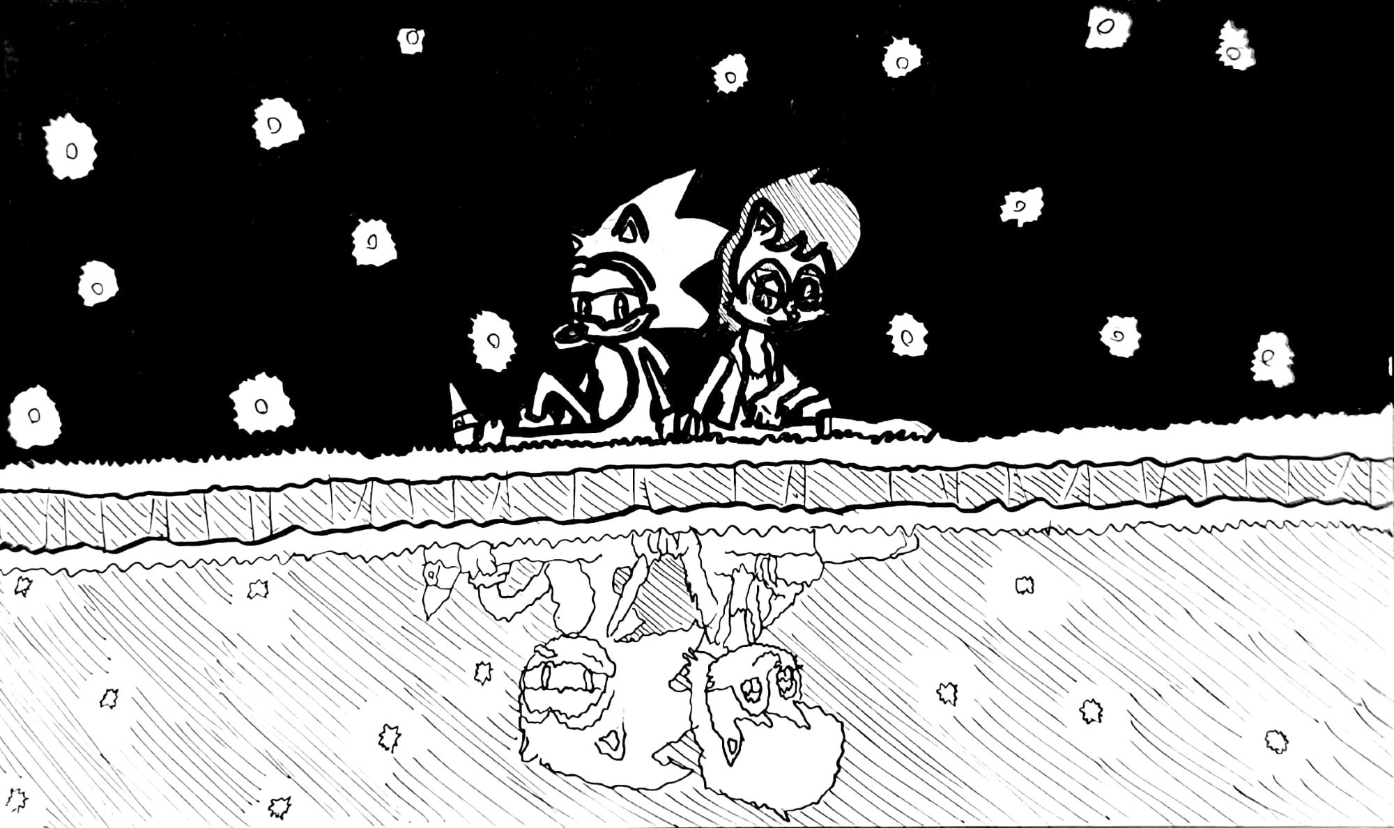 A fan-art piece based on Archie's "Sonic the Hedgehog" comic books showing Sonic and Sally sitting above a nearby lake amidst a starry sky.  The two of them are sitting close to each other with content expressions, each one's hand atop the other's.  Their reflections are visible in the lake.  The pic is meant to tie in to the prompt "Reflection".