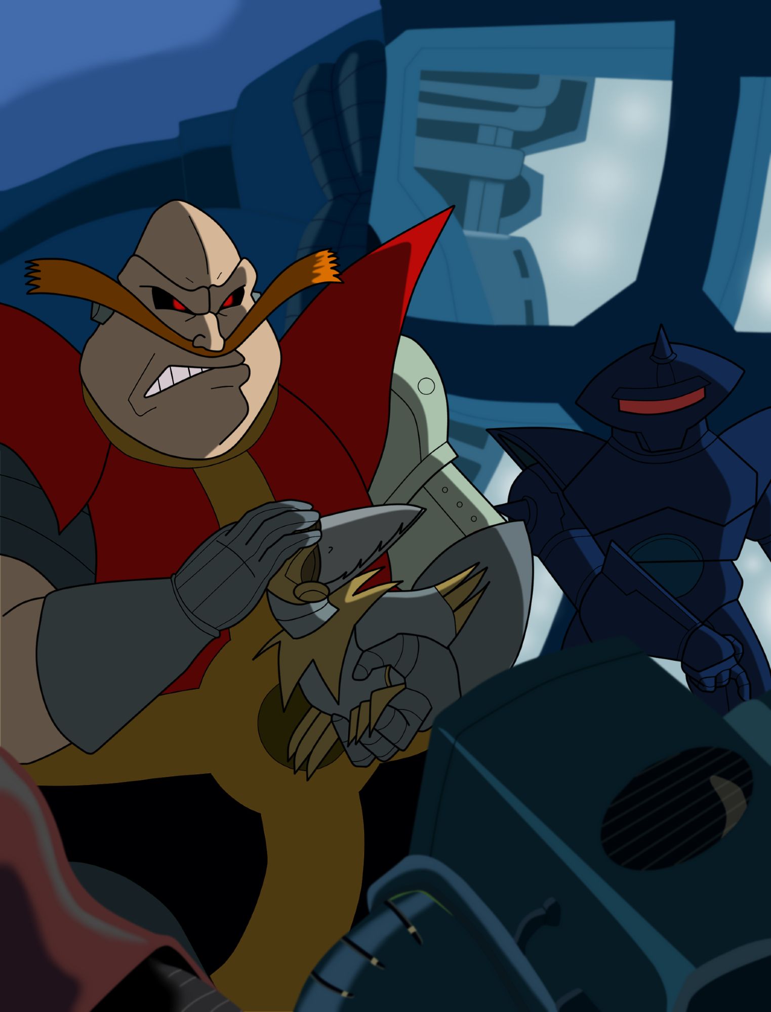 A fan art recreation of a scene from the 1993 "Sonic the Hedgehog" cartoon opening sequence. Dr. Robotnik sits in front of a computer console with an angry glare on his face as he pets his robotic chicken Cluck. A SWATBot operates a console behind him. They are all within a highly-mechanized ship's cockpit, with a window in the background showing a murky sky.