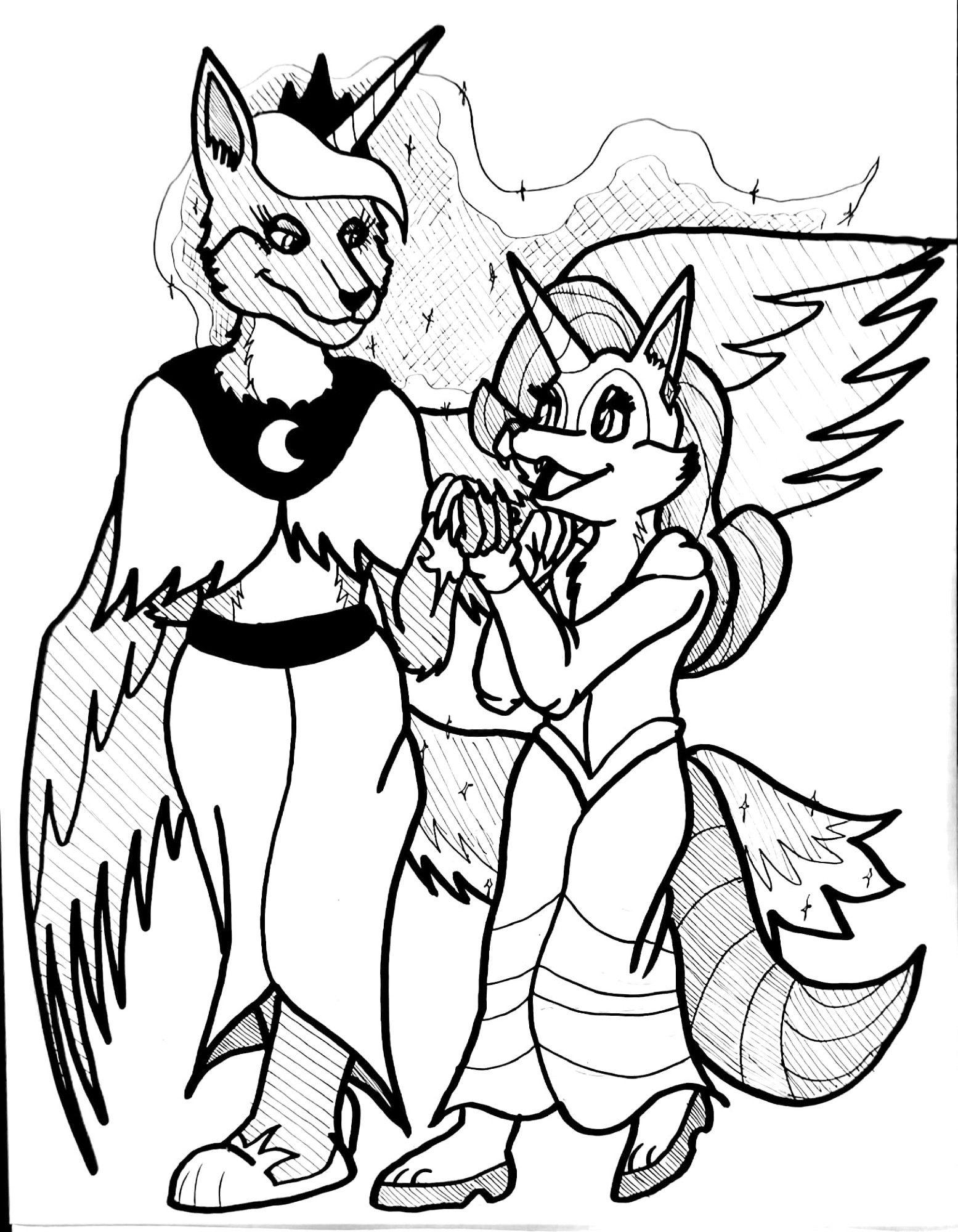 A fan art pic of the "My Little Pony: Friendship is Magic" characters Princess Luna and Rarity depicted as anthro-animal characters (Luna is a wolf, Rarity is a fox).  The two are walking alongside each other hand in hand; Luna has raised one wing behind Rarity to cover her.  They are sharing a warm look at each other as if having a pleasant conversation.