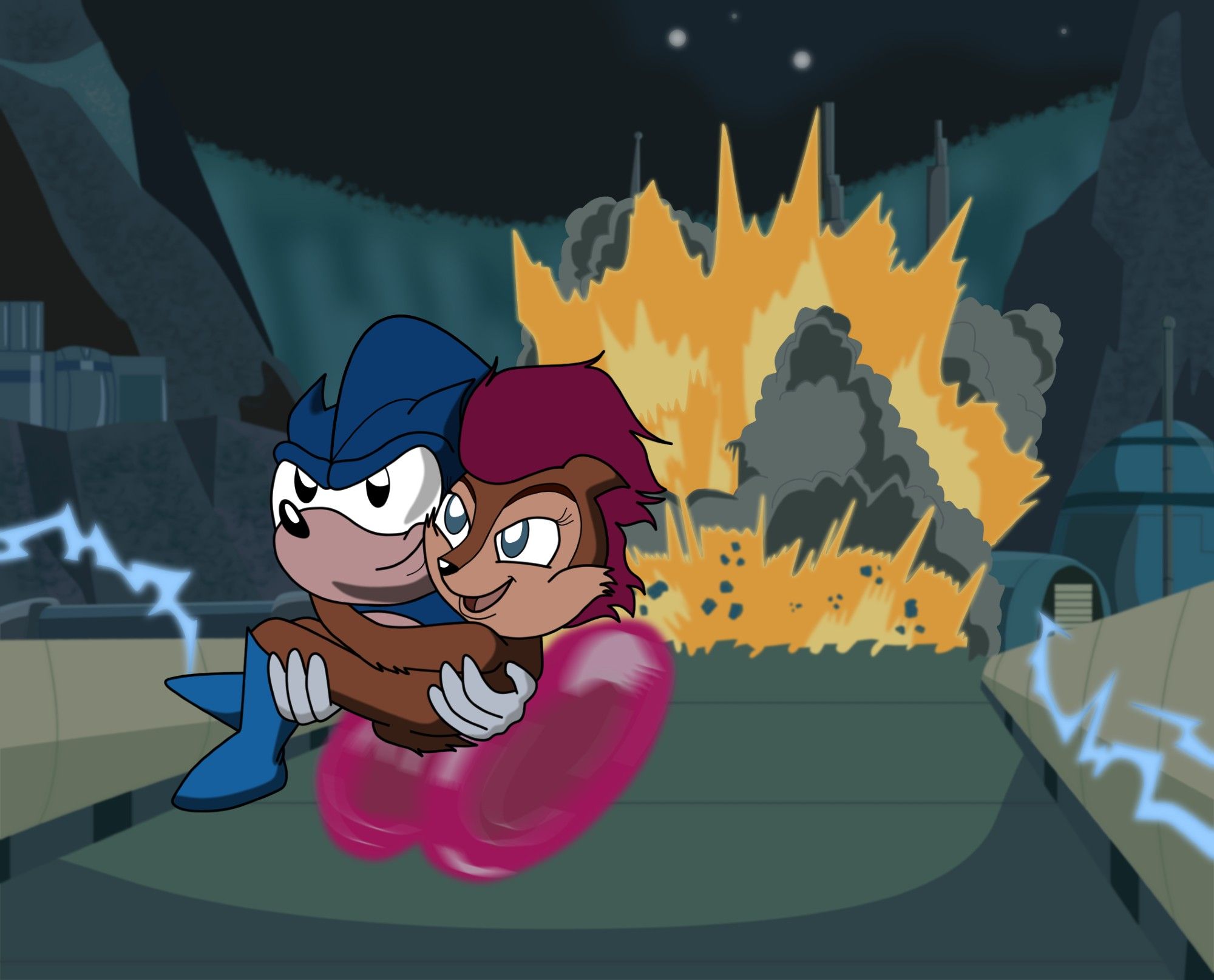 A fan art recreation of a scene from the 1993 "Sonic the Hedgehog" cartoon opening sequence.  Sonic is racing towards the viewer while holding Sally Acorn in his arms; behind them, a massive explosion consumes a factory building which stands in front of a waterfall.