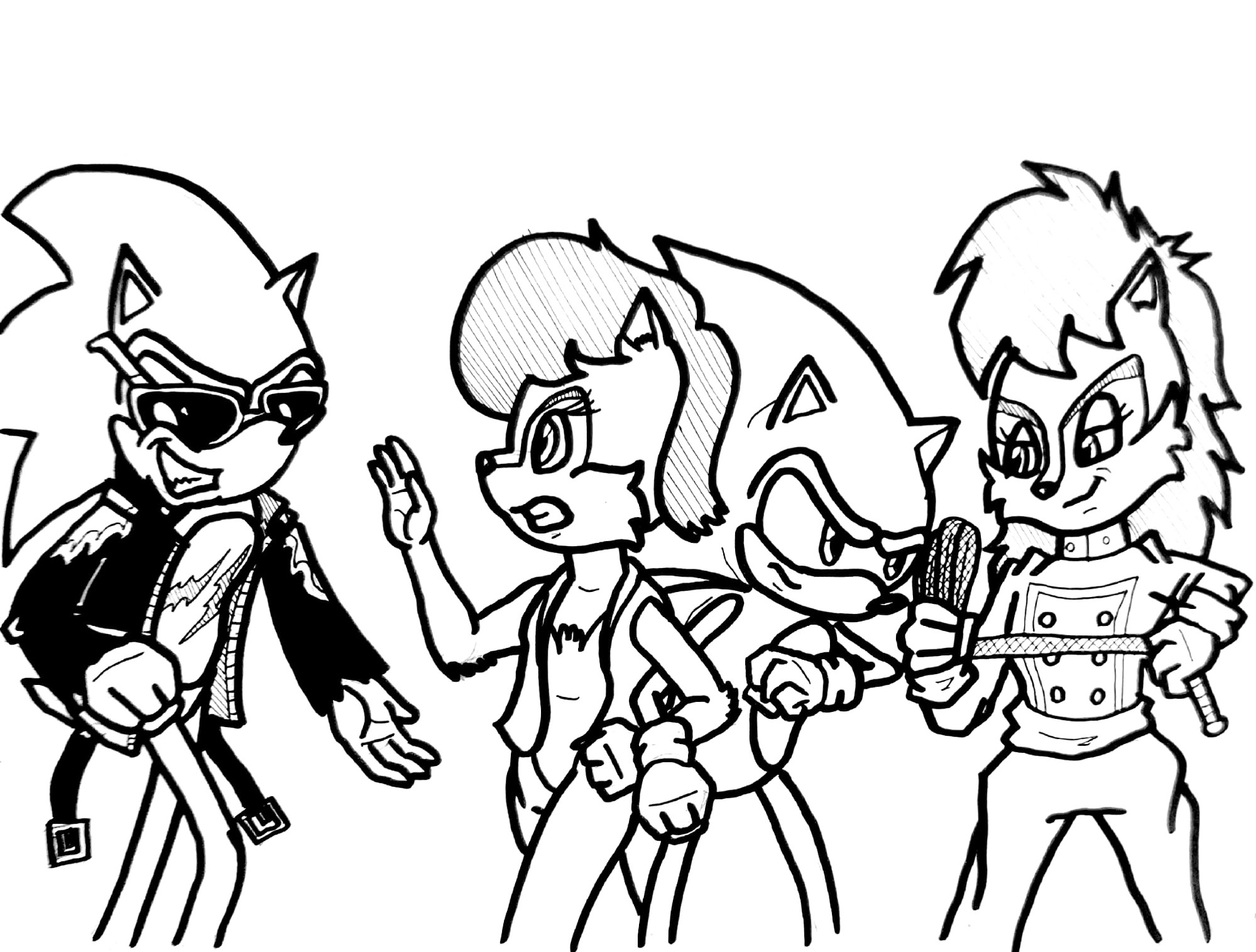 A fan-art piece based on Archie's "Sonic the Hedgehog" comic book showing Scourge the Hedgehog on the left-hand side of the frame and the anti-Mobius character Alicia Acorn on the right-hand side of the frame; they are both approaching the center of the pic with a threatening air, where Sonic (facing Alicia) and Sally (facing Scourge) stand back to back, arms linked in a defensive stance. 