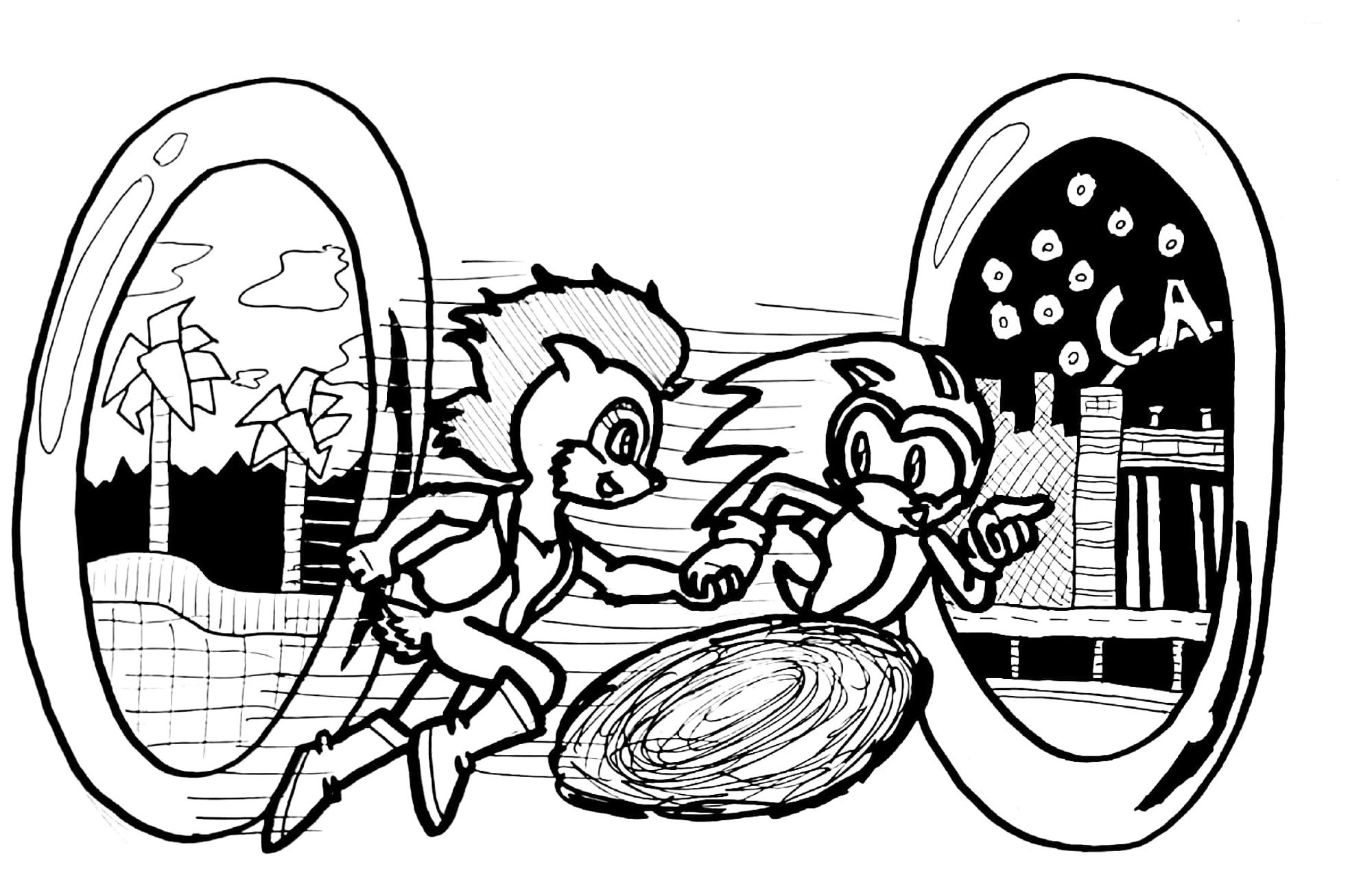 A fan-art piece based on Archie's "Sonic the Hedgehog" comic books showing Sonic leading Sally Acorn by the hand as they exit out of one Warp Ring on the left-hand side (showing Green Hill Zone at its center) to another Warp Ring on the right-hand side (showing Casino Night Zone at its center).  The pic is meant to tie in to the prompt "Scenery".