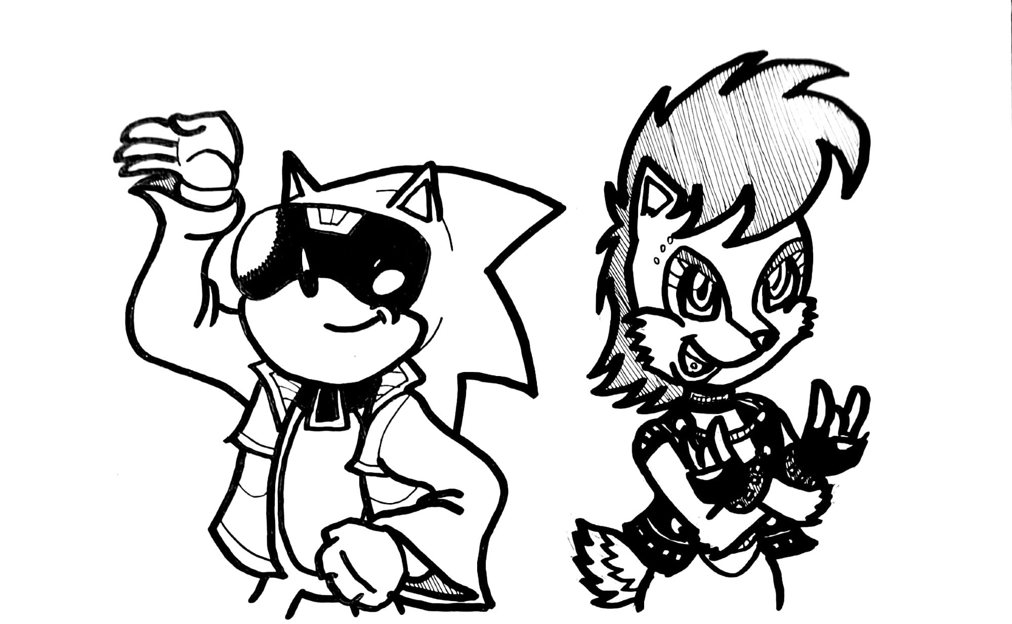 A fan-art piece based on Archie's "Sonic the Hedgehog" comic books showing Sonic on the left-hand side striking a Flashy Pose while wearing sleek stylish clothes and Sally on the right-hand side throwing up devil-horn fingers in a Punk-style outfit.  The pic is meant to tie in to the prompt "Fashion".