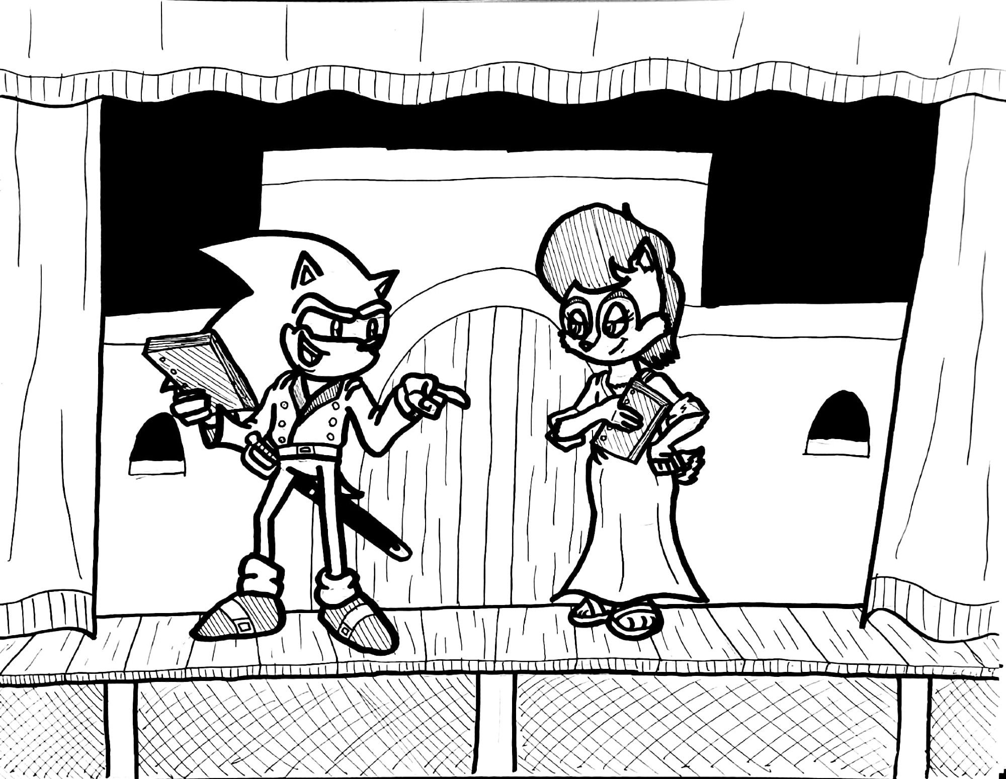 A fan-art pic based on Archie's "Sonic the Hedgehog" comics showing Sonic and Sally wearing costumes inspired by the Shakespeare play "Much Ado About Nothing", standing together on a theater stage with a castle gate set behind them.  They are both holding scripts in their hands; Sonic is pointing at Sally playfully while Sally gives him a sardonic look.