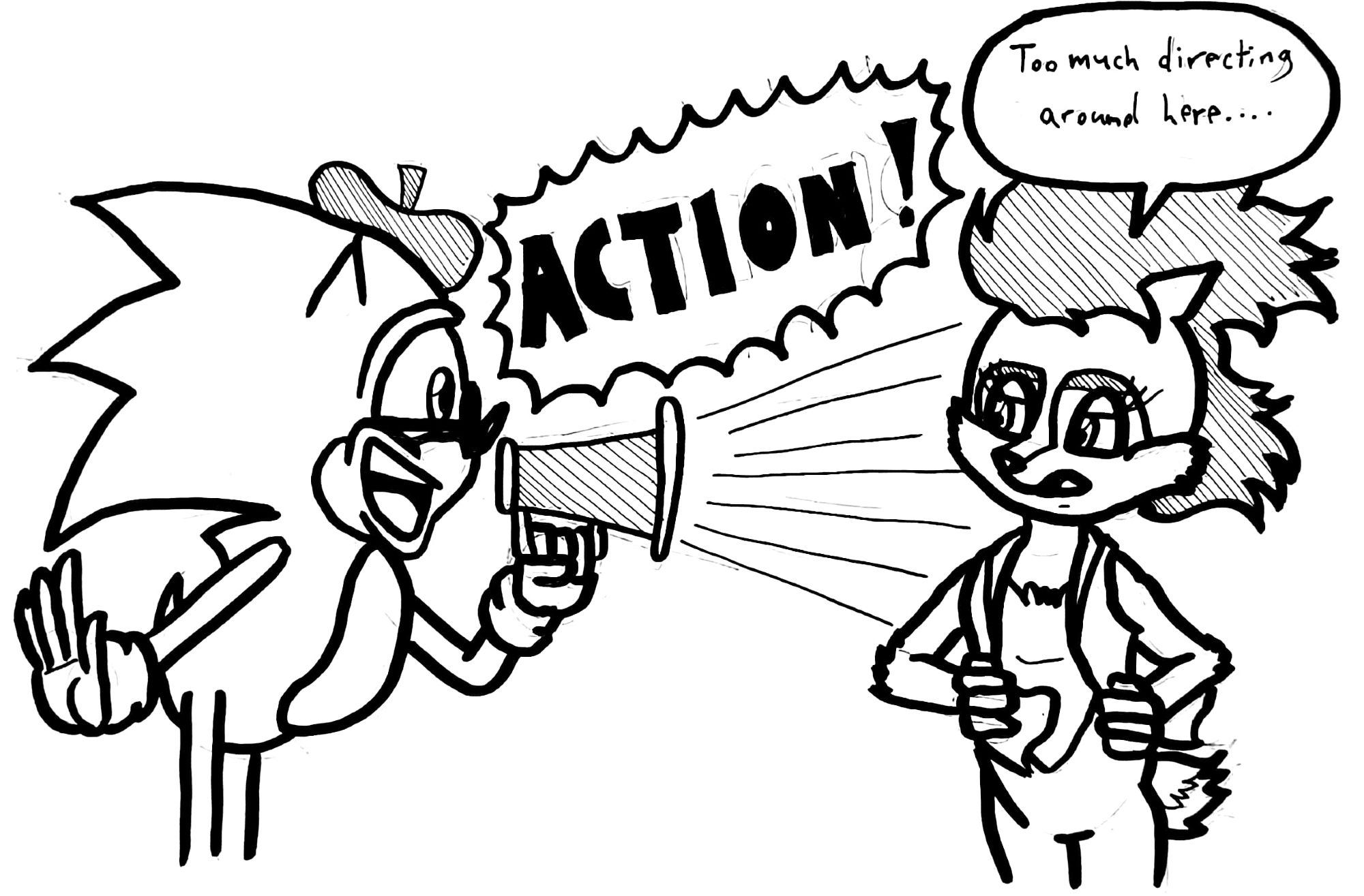 A fan-art piece based on Archie's "Sonic the Hedgehog" comic books showing Sonic on the left-hand side of the pic wearing sunglasses and a beret while raising a loud-speaker up to his mouth as he shouts "ACTION!".  Sally is on the right-hand side of the pic, her hair and vest being blown back by the force of Sonic's shout, looking at him with a very nonplussed expression as she says "Too much directing around here....".  The pic is meant to tie in to the prompt "Direction".