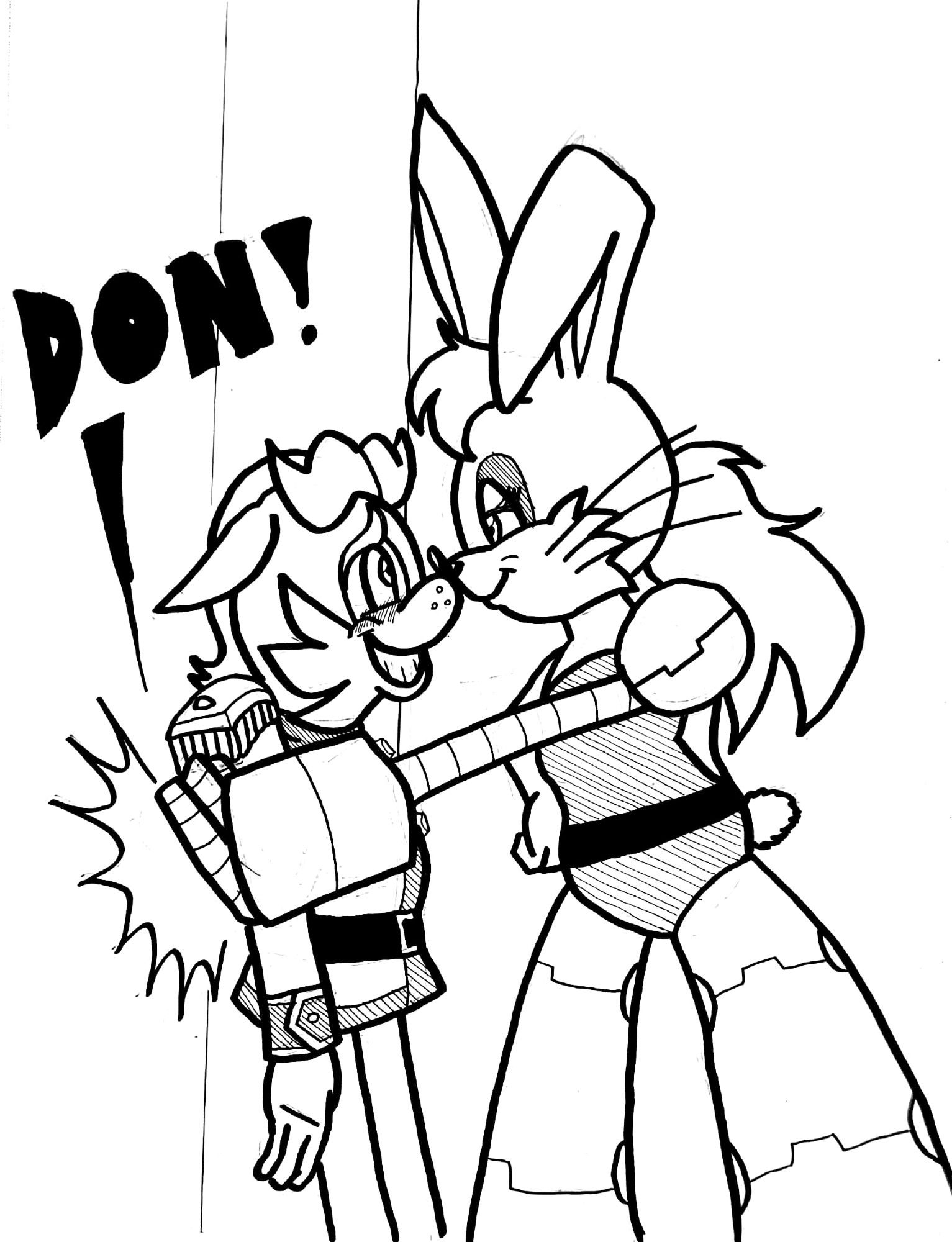 A fan-art pic of the "Sonic the Hedgehog" characters Bunnie Rabbot and Antoine D'Coolette.  The two are nose to nose as Antoine leans back into a wall with a blush on his cheek and a flustered smile on his face.  Bunnie is looking at him with a cool confident grin as she slams her robotic arm into the wall just next to where Antoine is standing.