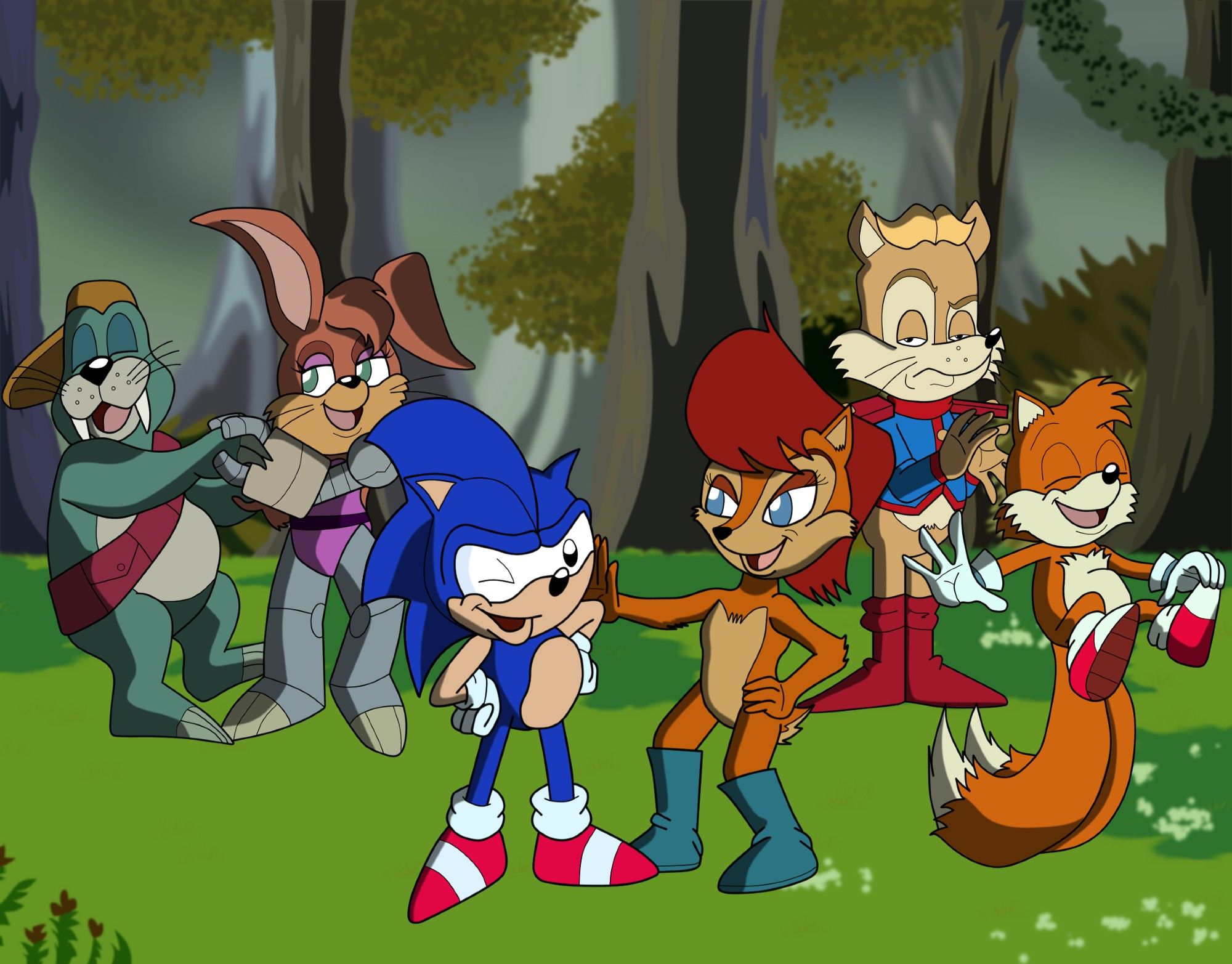 A fan art recreation of a scene from the 1993 "Sonic the Hedgehog" cartoon opening sequence.  Sonic is in the center of the picture, giving a bragging wink at the audience; Sally is to his side, giving him a playful shove.  Tails is on the right-hand side of the pic, propped up on his tails and bouncing around happily. Antoine is to the left-hand side of Tails, giving Sonic begrudging applause.  Bunnie and Rotor are dancing happily together to the left-hand side of Sonic.  All the characters are standing in the midst of a thick forest.