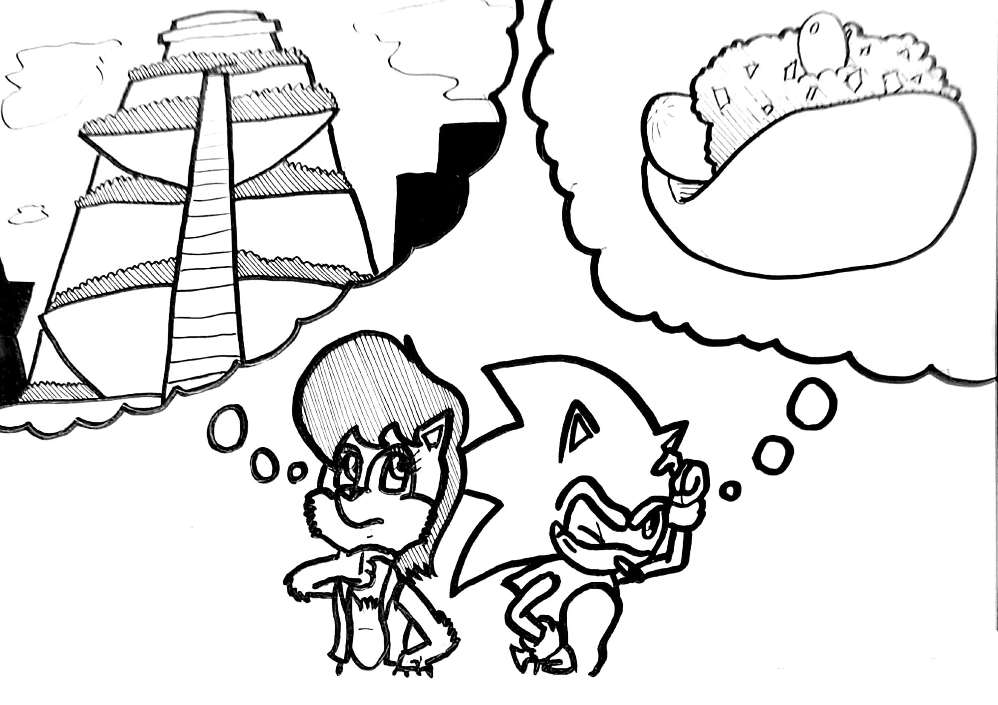 A fan-art piece based on Archie's "Sonic the Hedgehog" comic books showing Sally on the left-hand side of the picture looking thoughtful, with a big thought balloon depicting the city of Mobotropolis next to her head.  Sonic is on the right-hand side of the picture trying to focus; a thought bubble showing a chili dog is next to his head.  The pic is meant to tie in to the prompt "Mind".