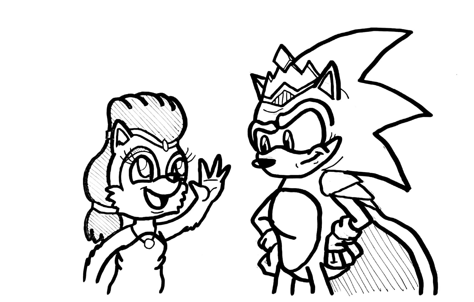 A fan-art piece based on Archie's "Sonic the Hedgehog" comic books, depicting the kid version of Sally Acorn on the left hand side of the pic smiling and giving a friendly wave to the older King Sonic on the right hand side of the pic, who is looking at the younger Sally with a bemused expression.  The pic is meant to tie in to the prompt "Age".