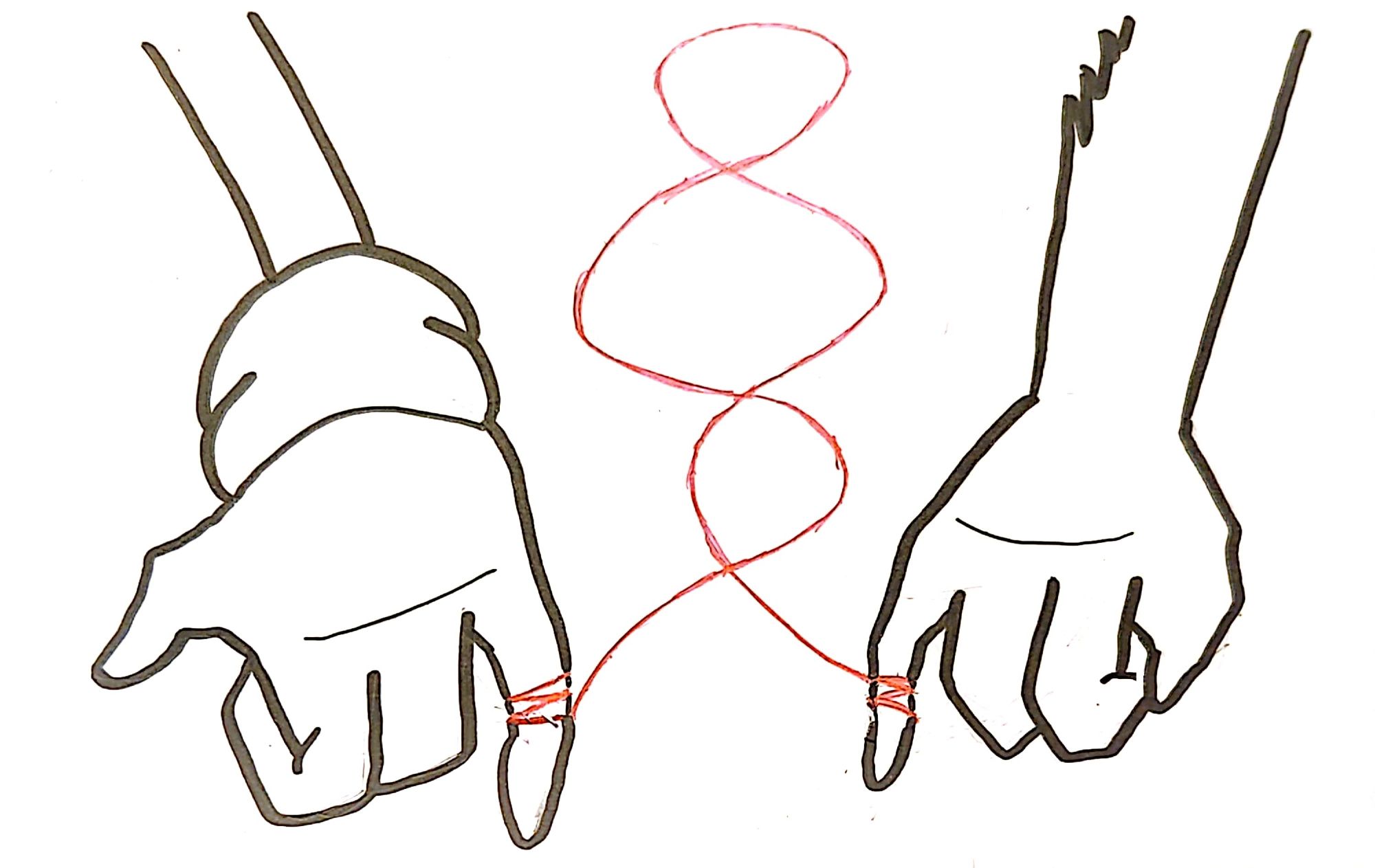 A fan-art piece based on Archie's "Sonic the Hedgehog" comic books showing a close-up of Sonic's hand on the left-hand side of the picture and Sally's hand on the right-hand side of the picture, each one's pinky is extended.  A red thread is tied to their pinkies, looping around into a figure-eight-like shape.  The pic is meant to tie in to the prompt "Fate"