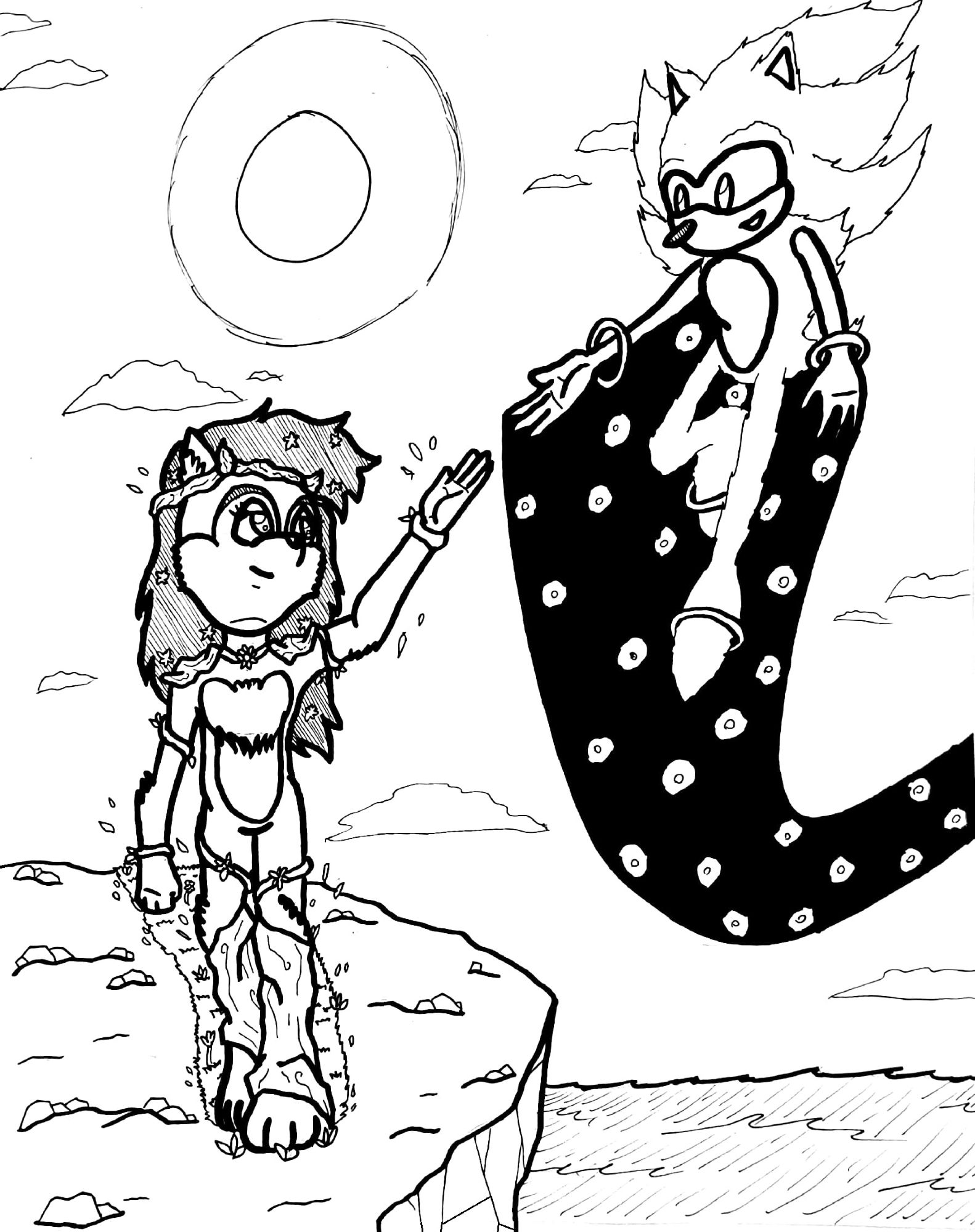 A fan-art pic based on Archie's "Sonic the Hedgehog" comics depicting Alternate Universe versions of Sally Acorn (here depicted as a Spirt of the Forest, clothed in vines, bark, and flowers, leaving a trail of growing grass in the ground where she steps) and Sonic the Hedgehog (here depicted as a Spirit of Light, his whole body like a gentle flame as he floats through the air, leaving a trail of starlit night sky behind him); Sally is walking along the edge of a cliff over the sea while Sonic swoops through the air towards her; they gently reach hands out to each other as they both share a fond look between them.