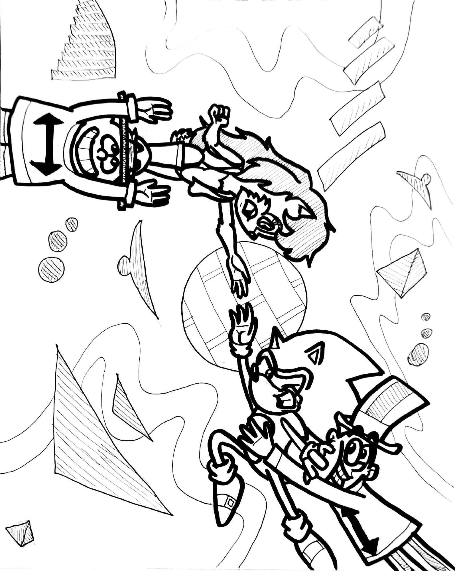 A fan-art piece based on Archie's "Sonic the Hedgehog" comic book set in the Nowhere Zone; Sally, oriented to the left-hand side of the image, is pushing off from on top of Horizont-Al, and reaching out for Sonic, who is oriented towards the bottom half of the image, pushing away Verti-Cal while reaching towards Sally.