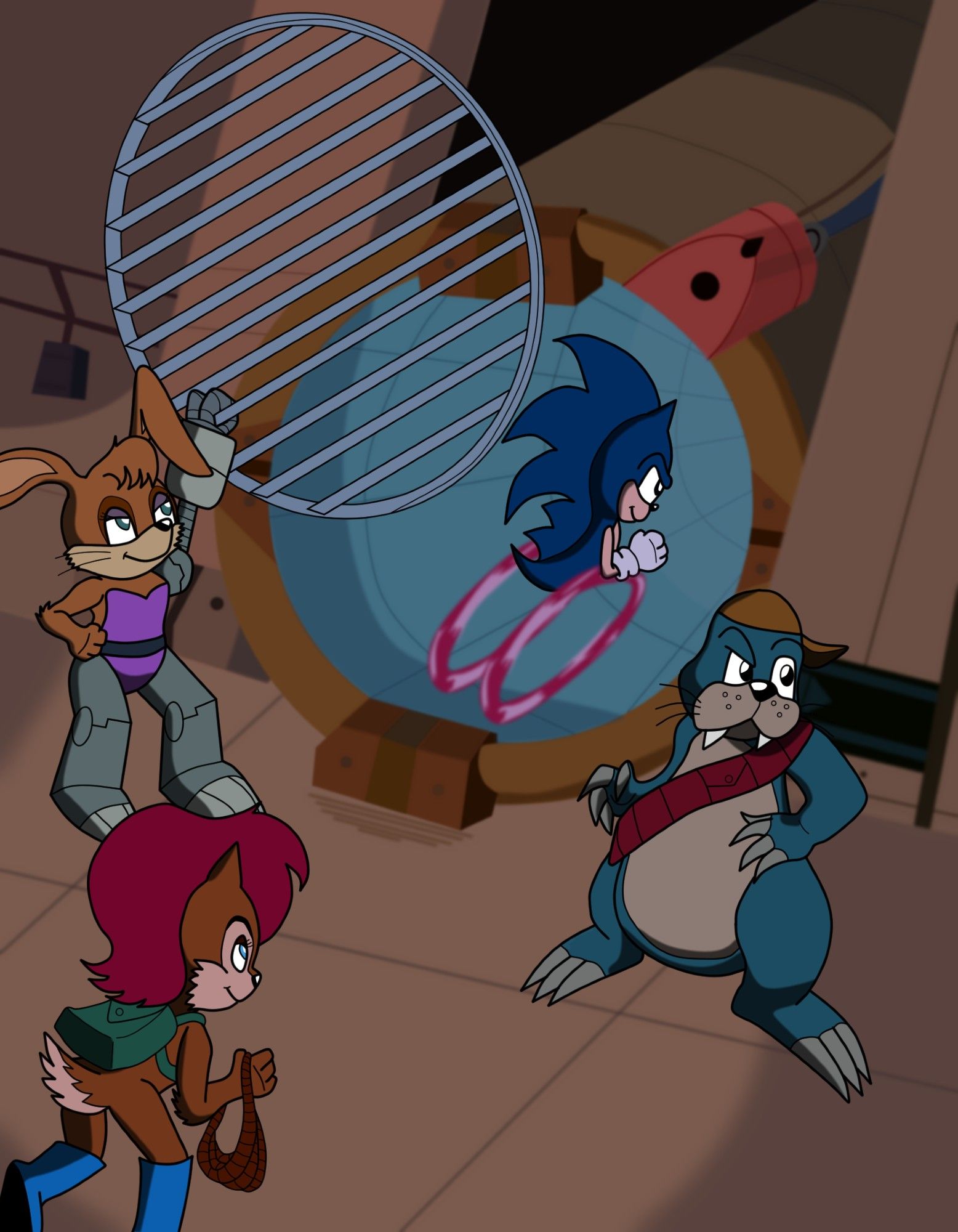 A fan art recreation of a scene from the 1993 "Sonic the Hedgehog" cartoon opening sequence. Bunnie Rabbot is lifting the grate off of a cylindrical tunnel, with Sonic the Hedgehog racing inside; Rotor is to the right-hand side of the tunnel, looking cautiously over to the right-hand side of the frame; Sally is following after Sonic into the tunnel in the lower left-hand corner of the frame.