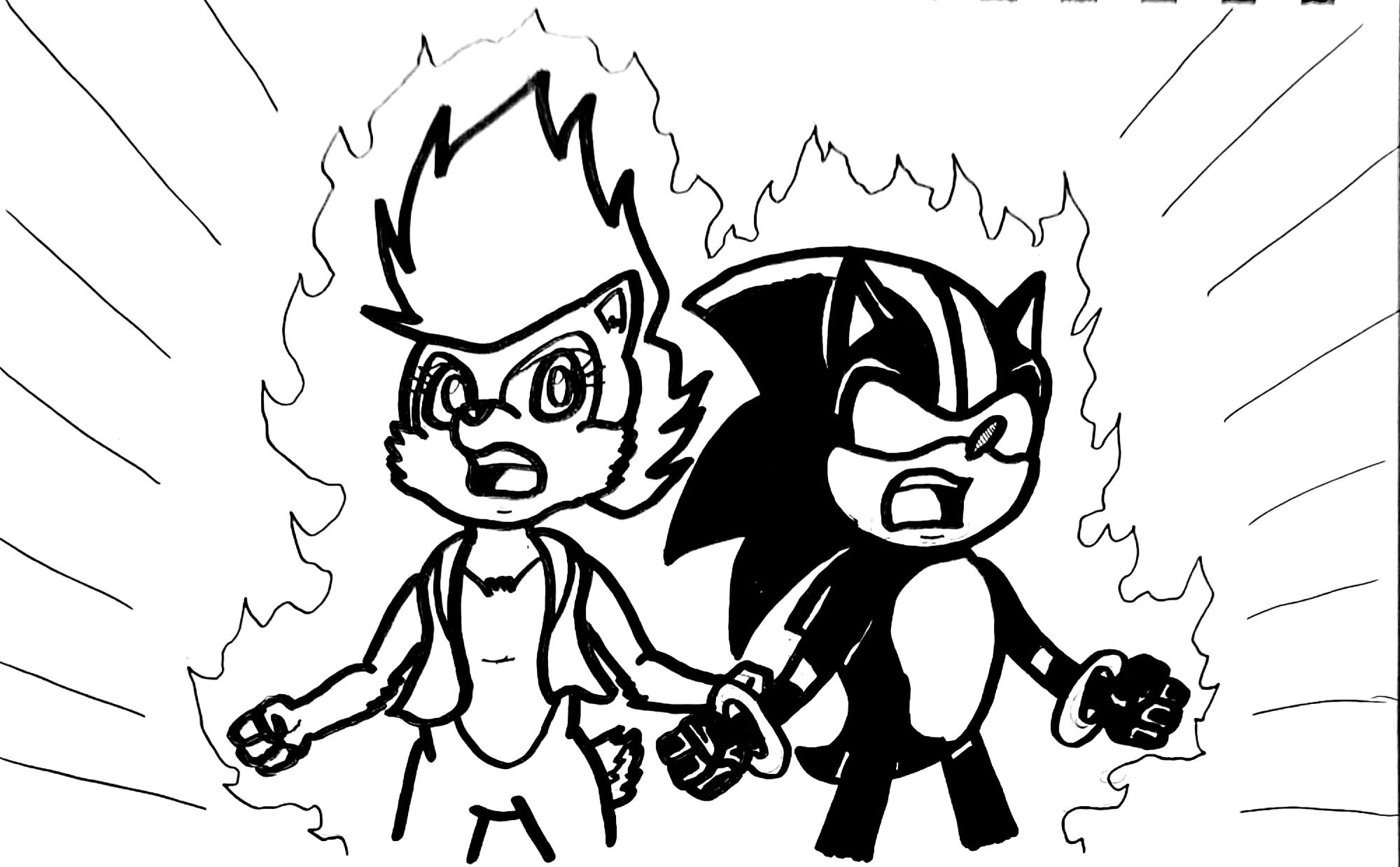 A fan-art piece based on Archie's "Sonic the Hedgehog" comic books showing Sonic and Sally with their arms spread out as a powerful aura surrounds them both.  Sally has changed into a form similar to that of Super Sonic; Sonic has changed into his Dark Spine form from "Sonic and the Secret Rings".   The pic is meant to tie in to the prompt "Transformation".