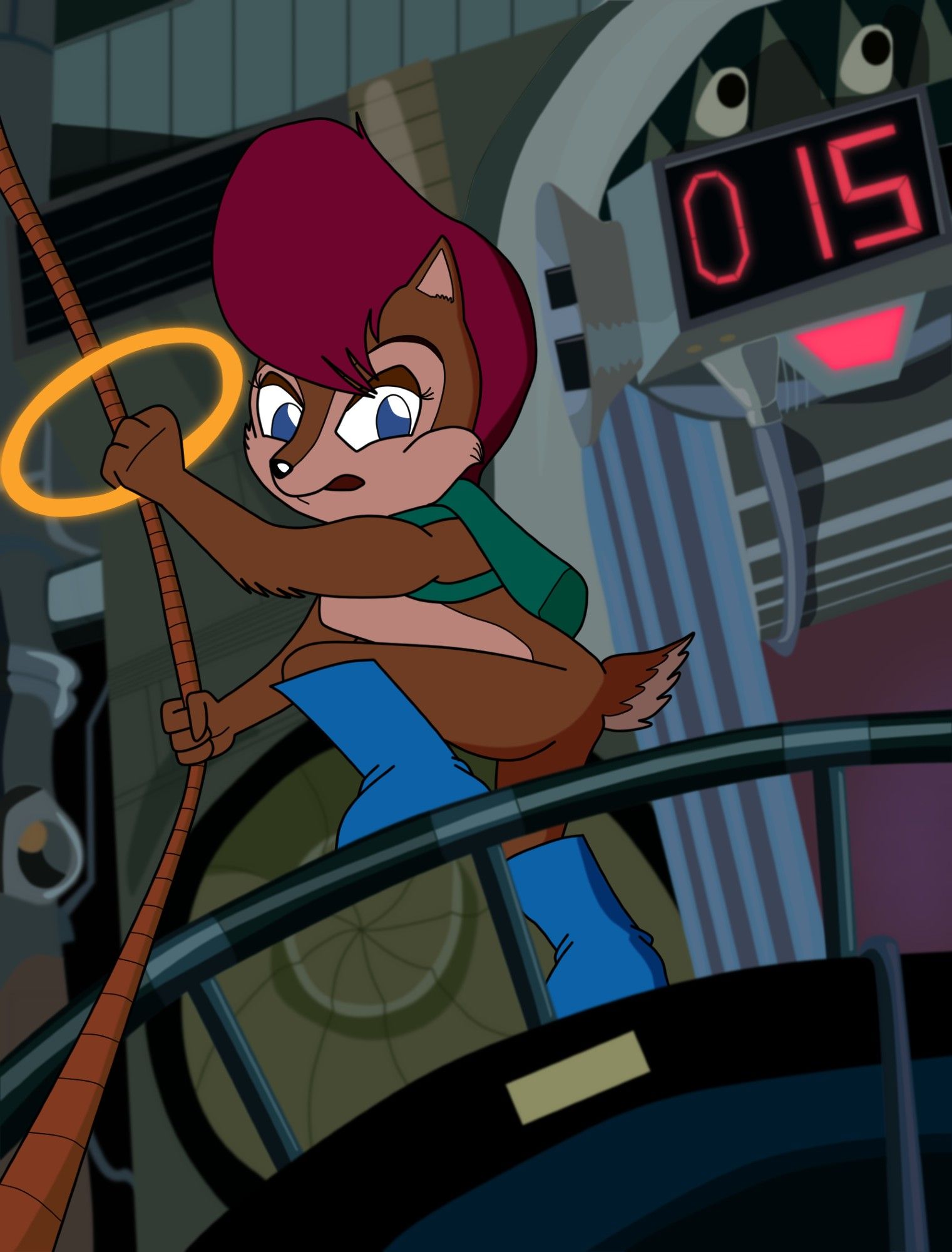 A fan art recreation of a scene from the 1993 "Sonic the Hedgehog" cartoon opening sequence.  Sally Acorn is standing with one foot raised on top of a railing, holding a bending rope in one hand and a glowing gold Power Ring in the other; she is pulling the Ring back as she prepares to throw it, looking toward the bottom right-hand corner of the pic with a fearsome expression.  A bomb with an LED display showing the numbers "015" can be seen attached to a factory wall behind her.