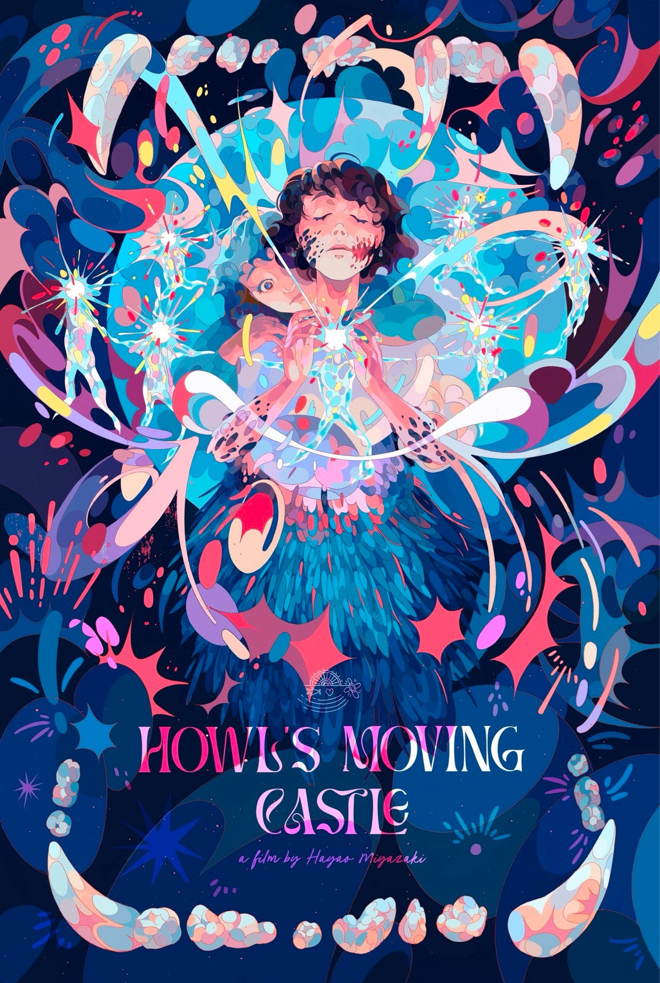 Alternative poster of Howls Moving Castle. Mostly blue and pink where Sophie is embracing Howl mid-transformation from behind as lights dance around them.