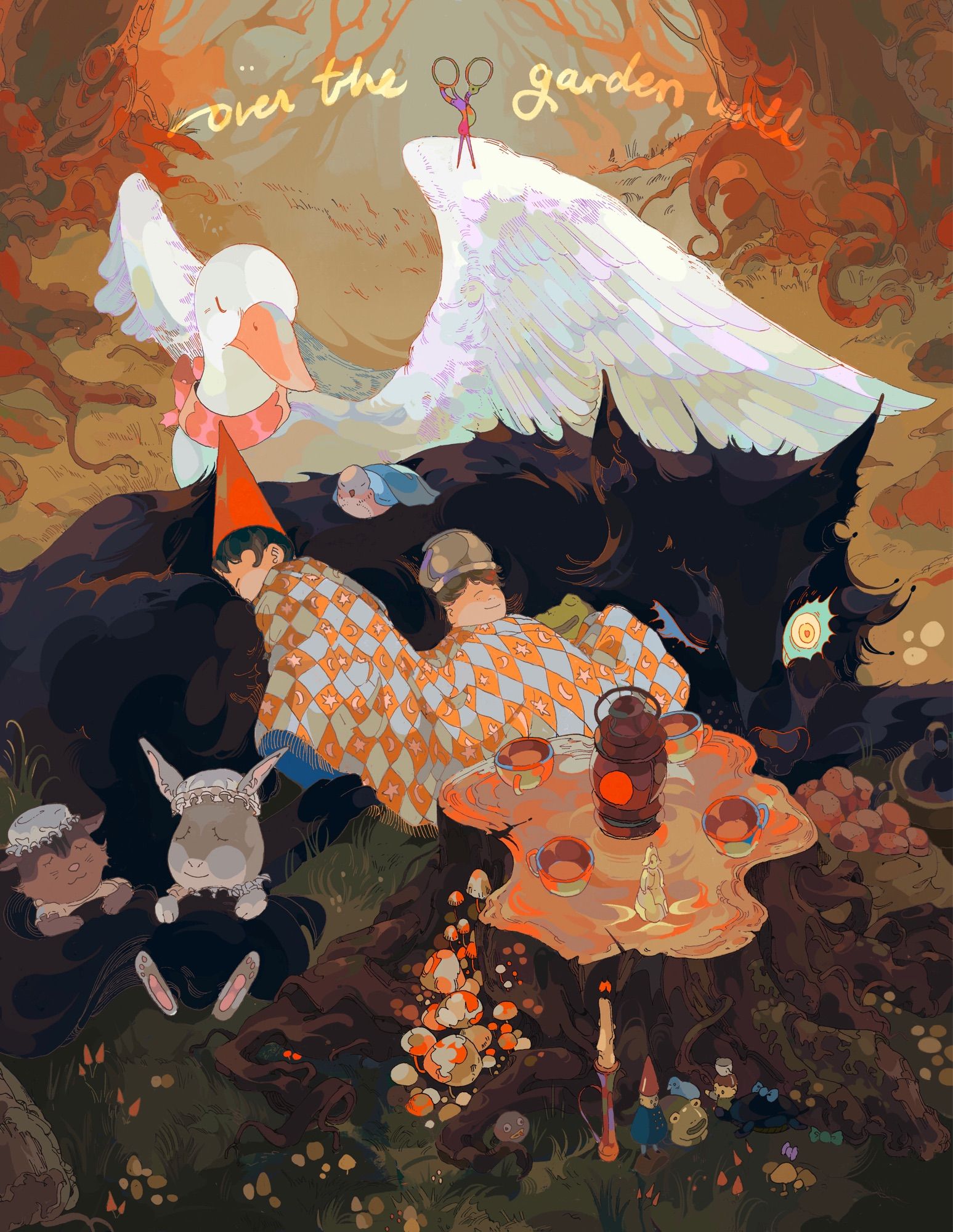 Over the garden wall fanart. Wirt and Greg and the frog are cuddled around the black dog with a white goose with its wings outstretched behind them. Beatrice is sleeping with her own blanket on the dogs back.