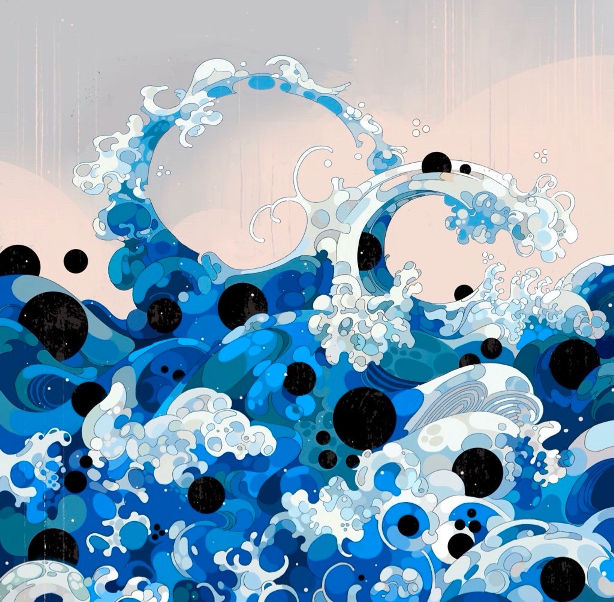 Illustration of waves with sea foam and matte black circles in the water