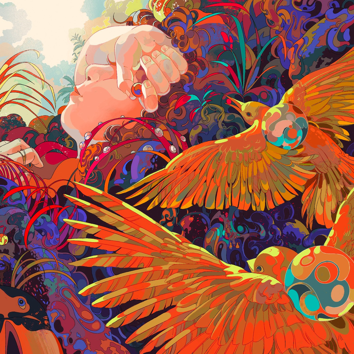 colorful tropical illustration of a girl sleeping in a bed of flora, surrounded by flying orange birds with marbles on their backs