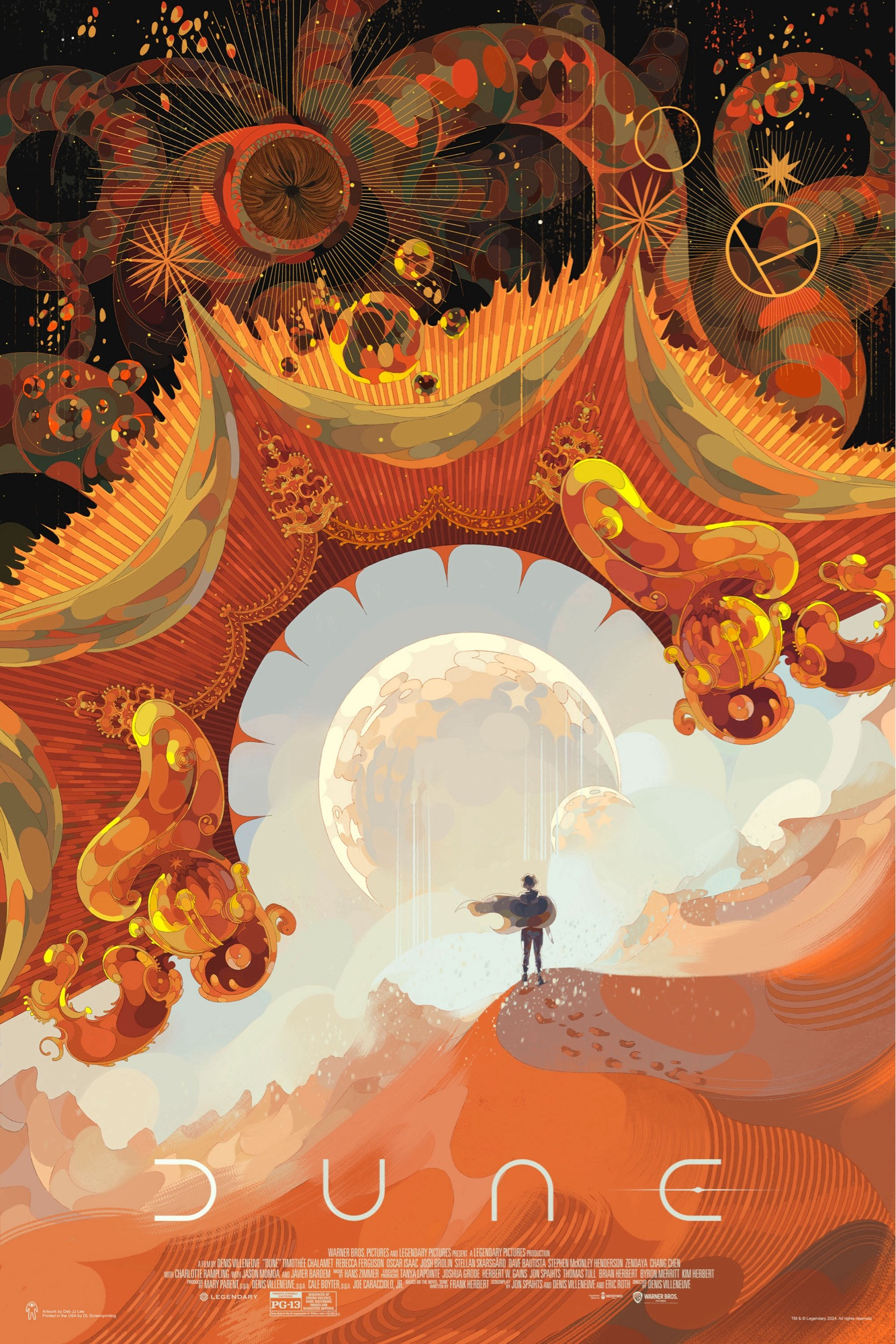 Illustration poster for the Dune movie. Paul is on the sand dunes with the two moons in front of him. Above Paul is an ornate pseudo-Catholic halo with sandworms lurking above it.