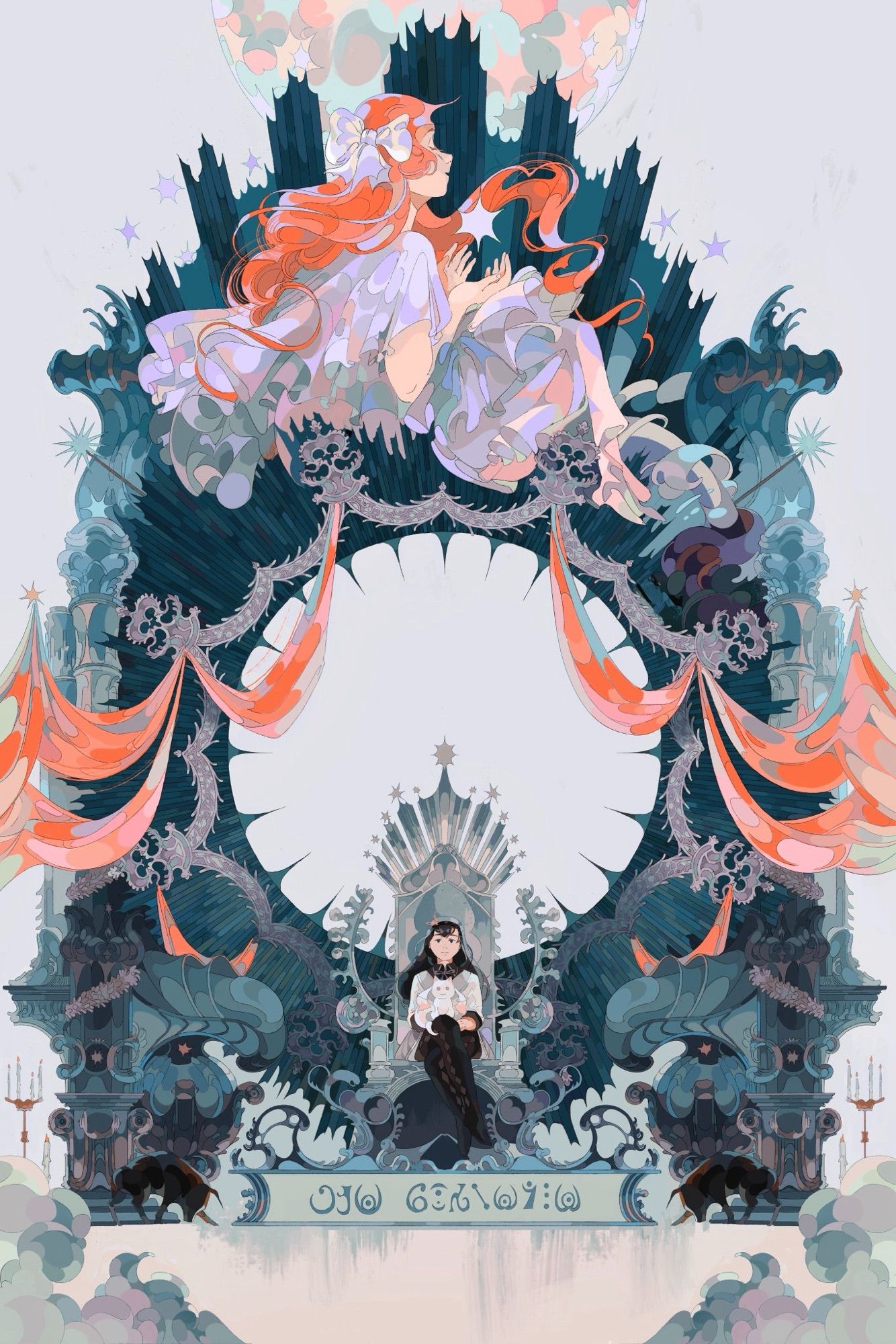 Madoka magica fanart with a homura sitting on a giant altar-like throne. Madoka in her goddess form sitting over the structure