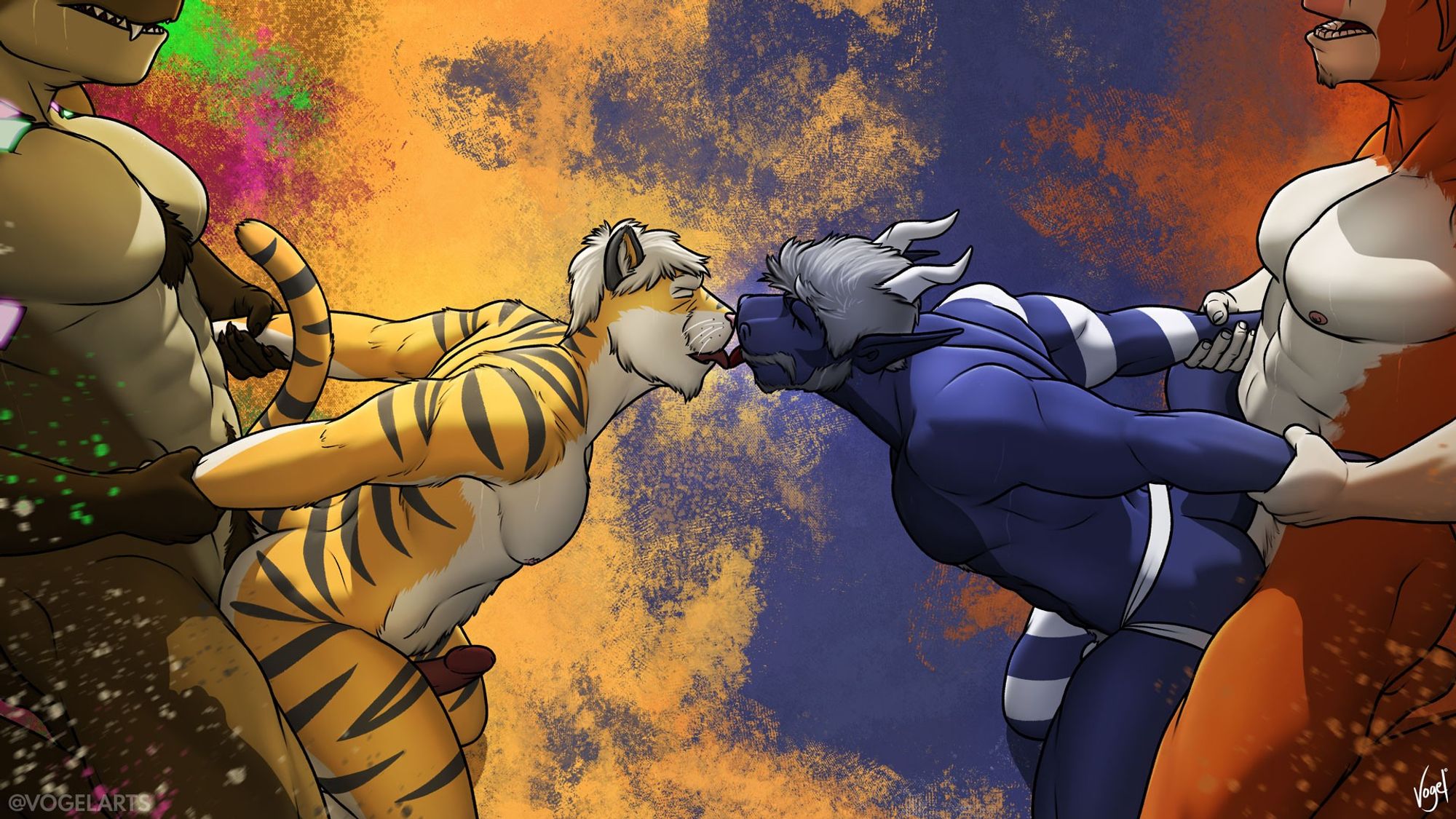 a tiger and a dragon take it from behind from a t-rex and a bull and kiss in the middle. The background is abstract colours.