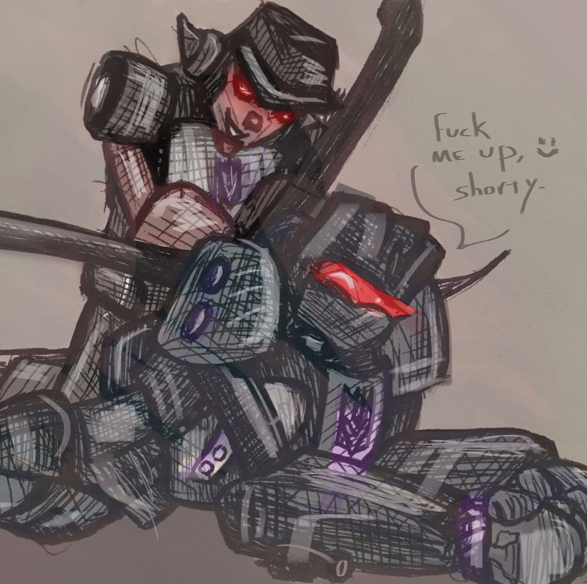 A suggestive drawing of Wildrider and Vortex from Transformers. Vortex is laid out on his front, propped up on his forearms, with a restraint visible around his wrist. Wildrider is knelt on Vortex’s lower back with his hands buried in Vortex’s rotary blade assembly. Wildrider is grinning manically down at what he’s doing while Vortex looks pleased. 
Dialog:
Vortex: Fuck me up, shorty. :)