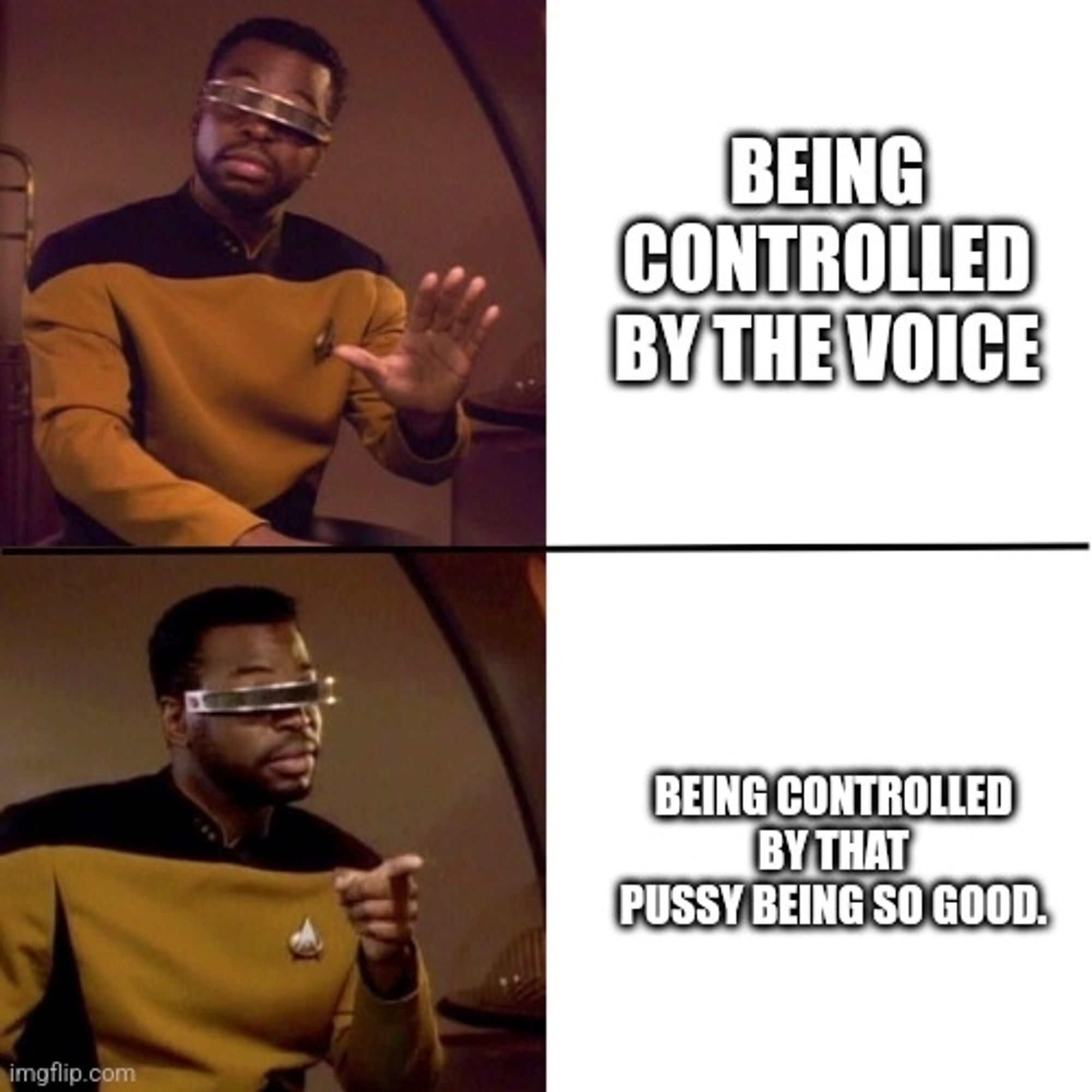 Geordi La Forge meme, where he is holding a stop sign at a caption that reads "being controlled by the voice" and pointing at a caption that says "being controlled by that pussy being so good."