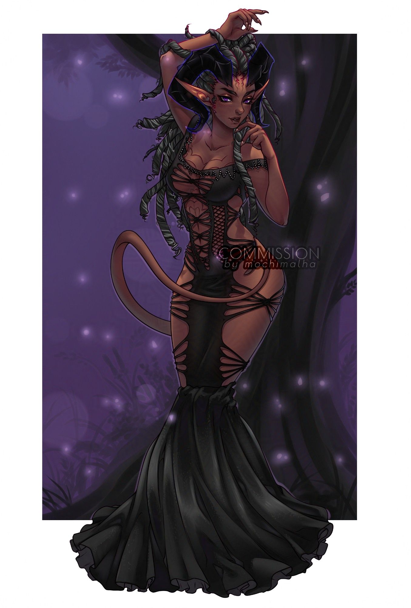 Dark-skinned elven character resembling a tiefling in a suggestive pose with a very elegant but very revealing dress.