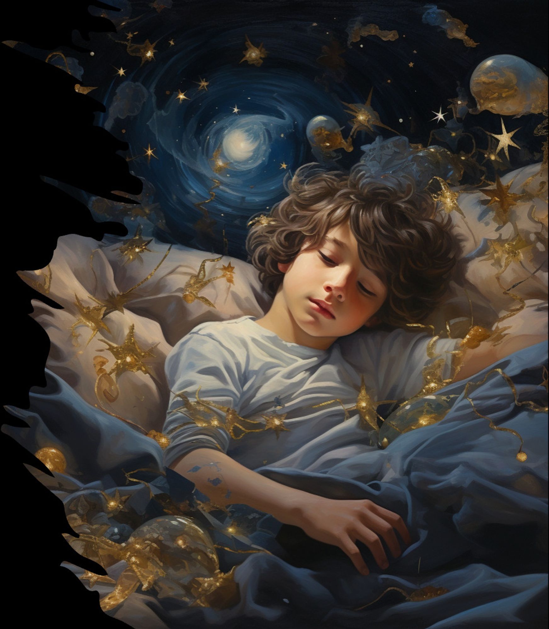 AI generated image of sleeping boy surrounded by stars and the universe.