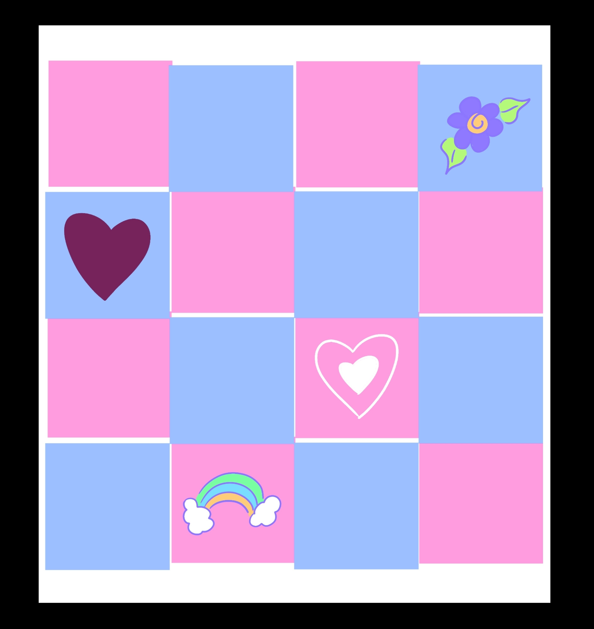 An uneven checkerboard pattern of pink and light purple. Various blocks have doodles of hearts, a flower, and a rainbow inside.