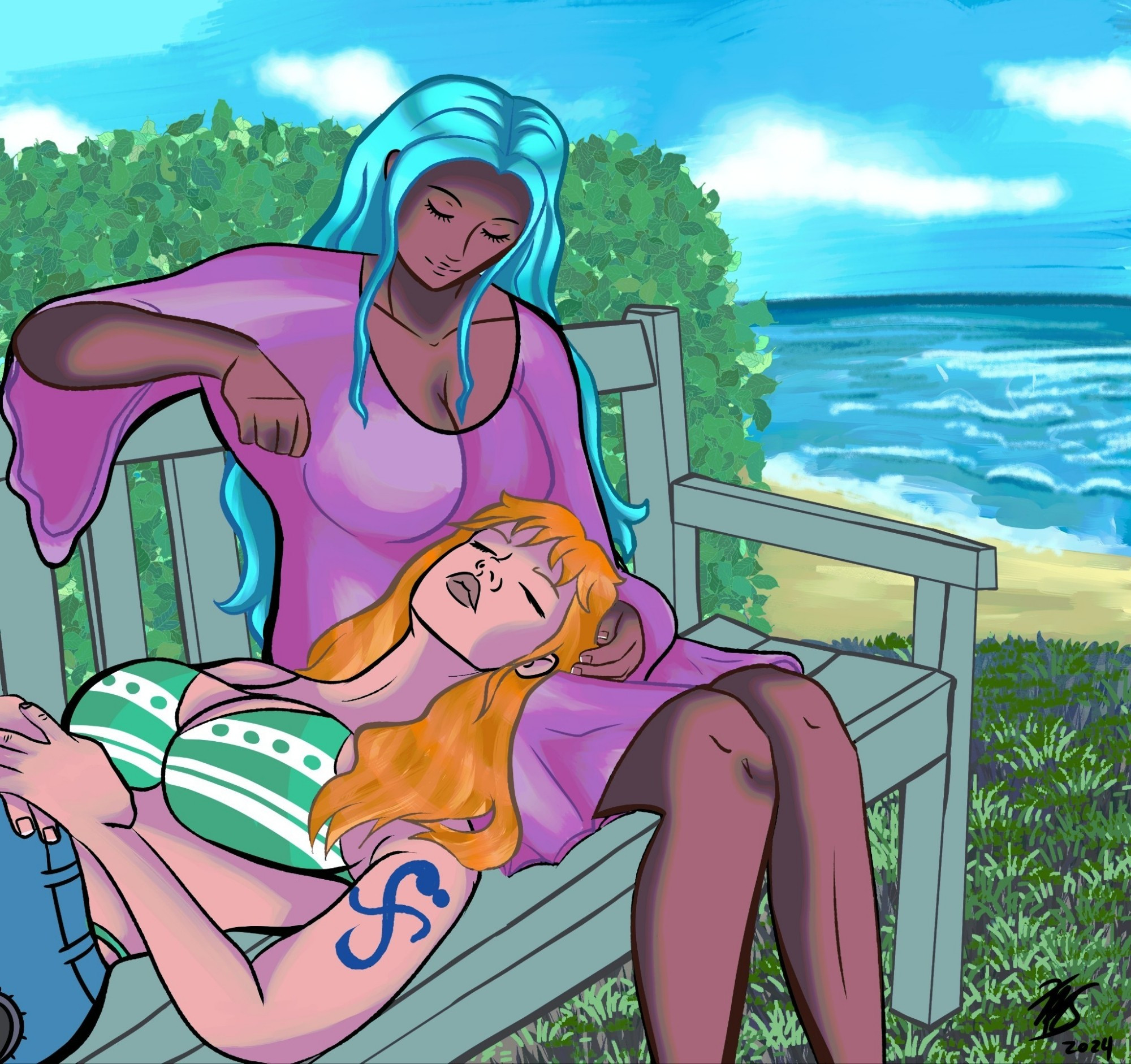 Nami and Vivi from One Piece resting on a bench together by the sea.