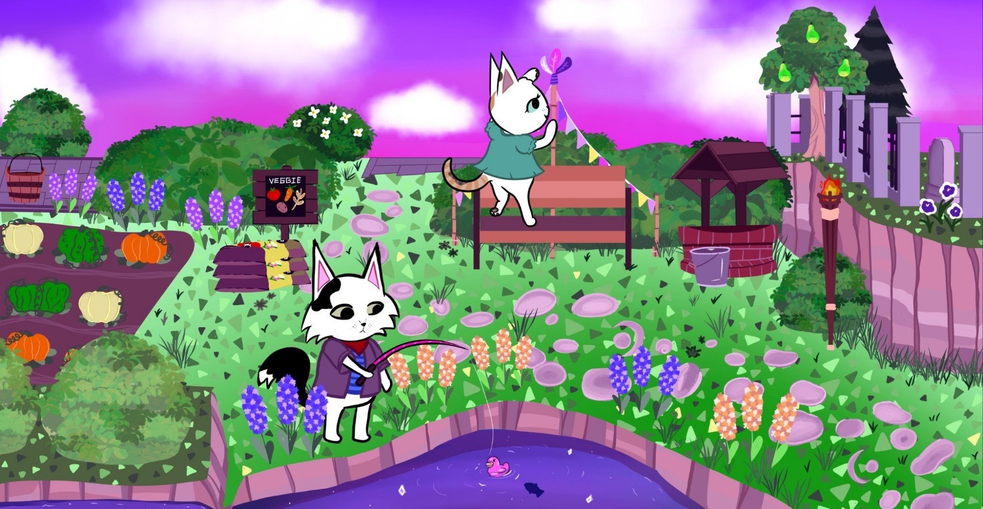 An animal crossing new horizons scenery with purple skies and two cats. One cat is fishing in a pond, and the other cat is playing with the feathers of one of the various outdoor decorations. The ground is littered with stepping stones, flowers, and even pumpkins.