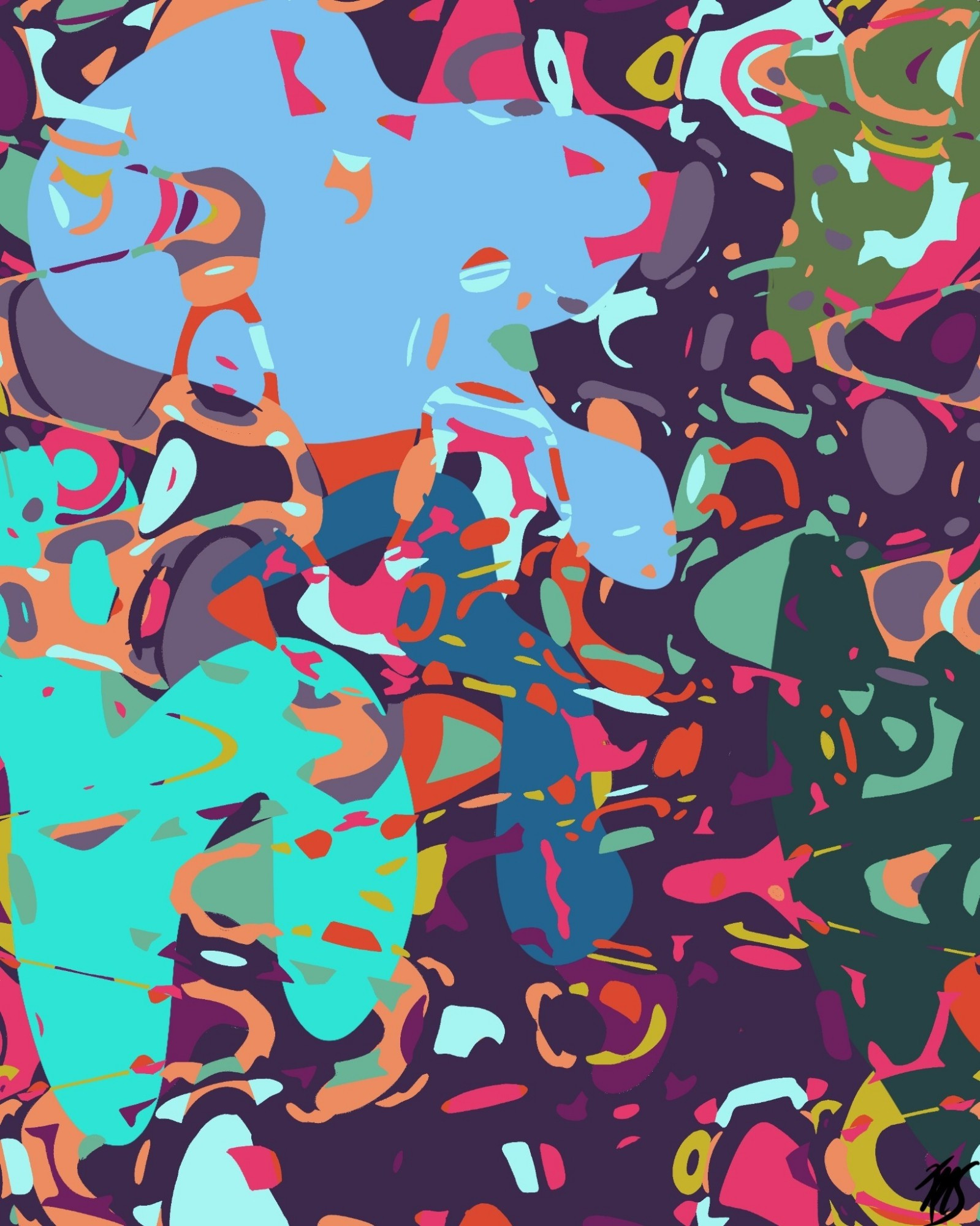 An abstract piece with multiple jutting and swirling blobs of colors, there are mainly mixes of blue, green, orange, and red.