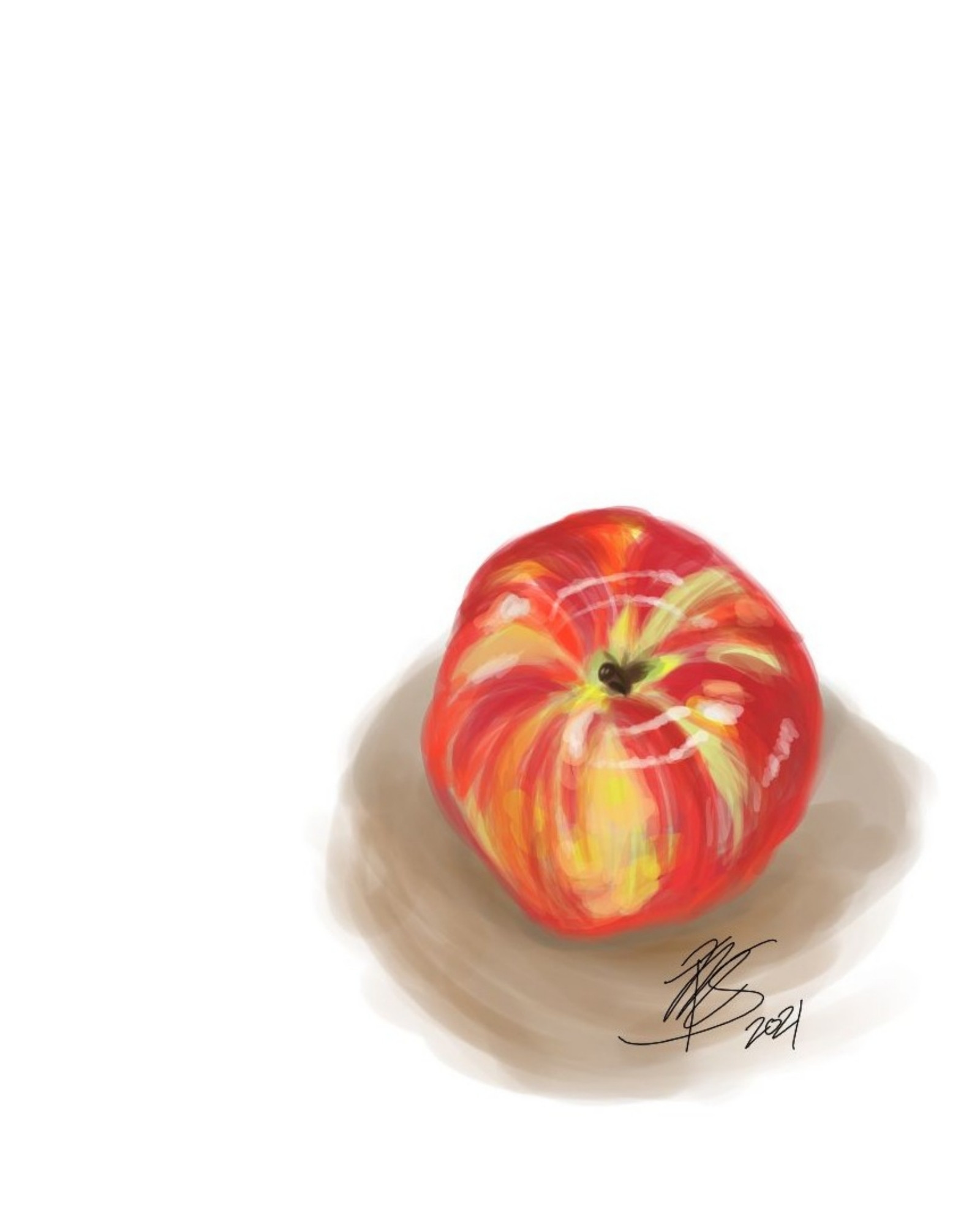 A single red apple with touches of green and yellow, glossy in the light of a white background. Signatured TMS 2021.