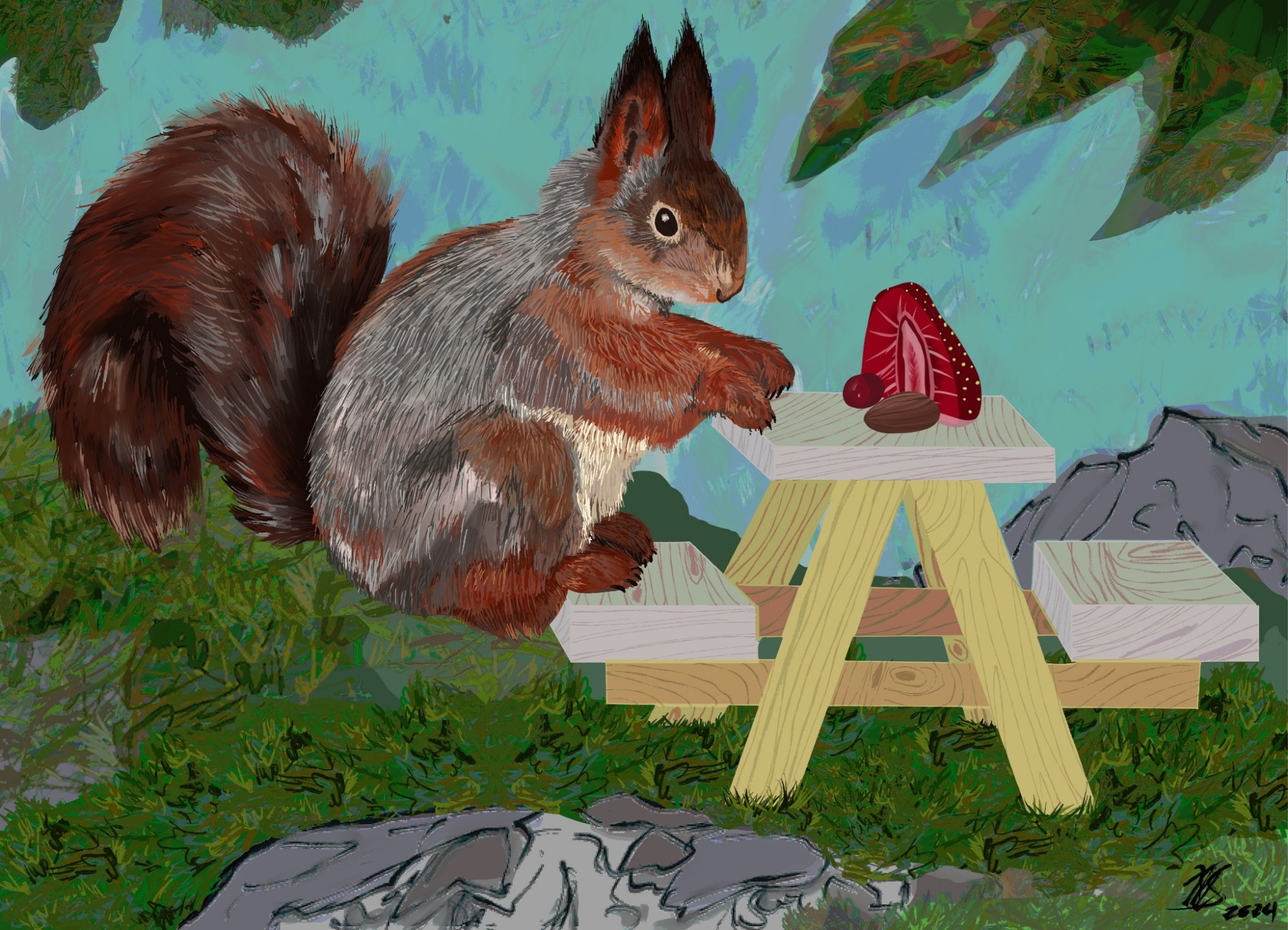 A squirrel at a mini picnic table eating a strawberry and nuts.