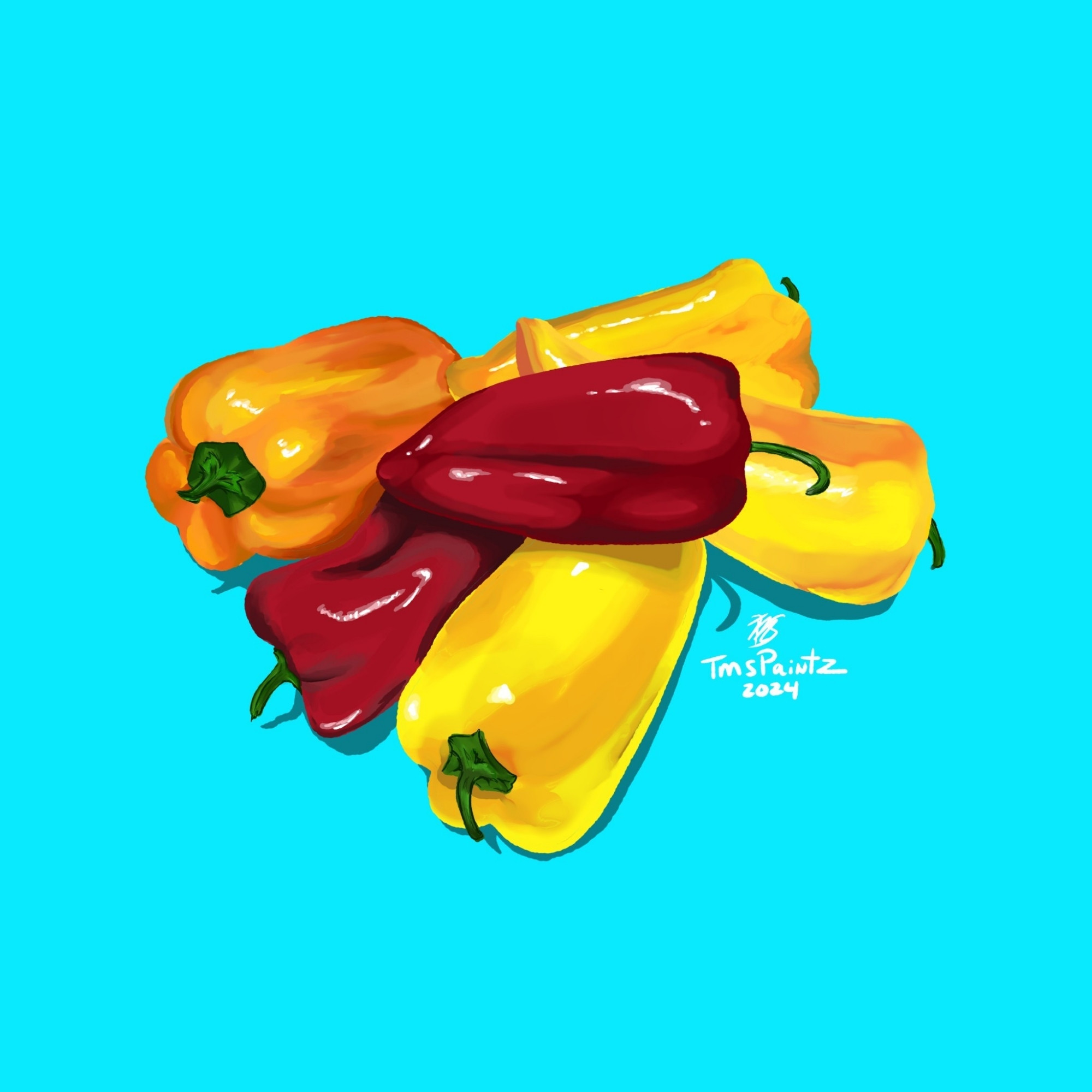 Six peppers in a pile on a bright blue background. Two red, one orange, and three yellow peppers. Signed TMSpaintz 2024.