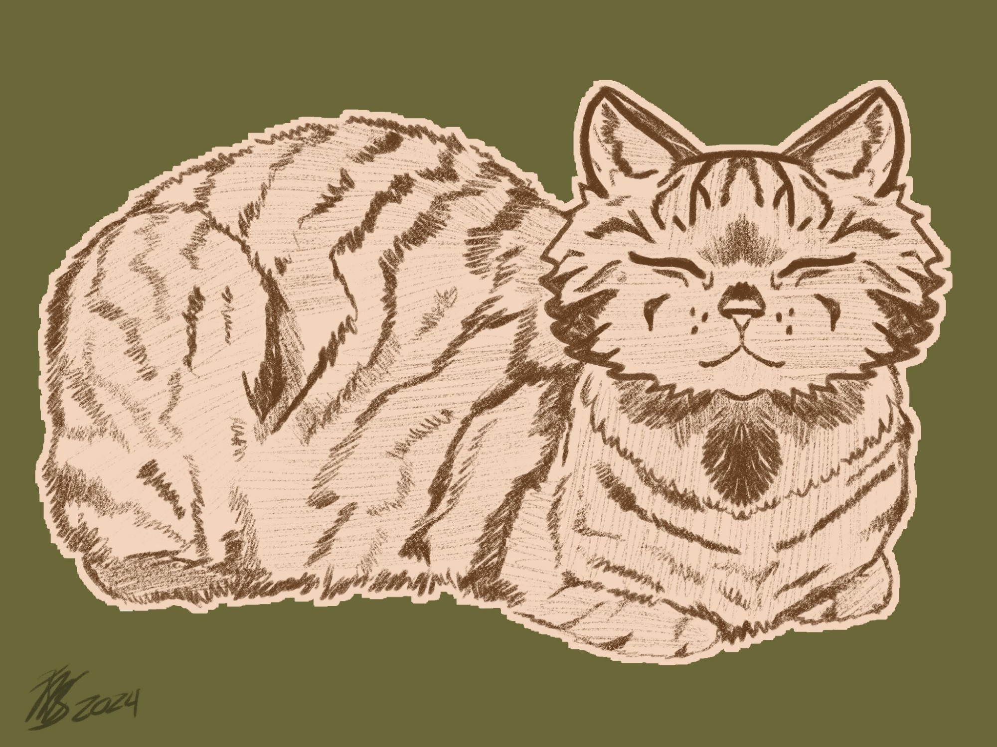 A sketch using browns and tan to draw a lounging cat smiling at the viewer, the background is an olive green.