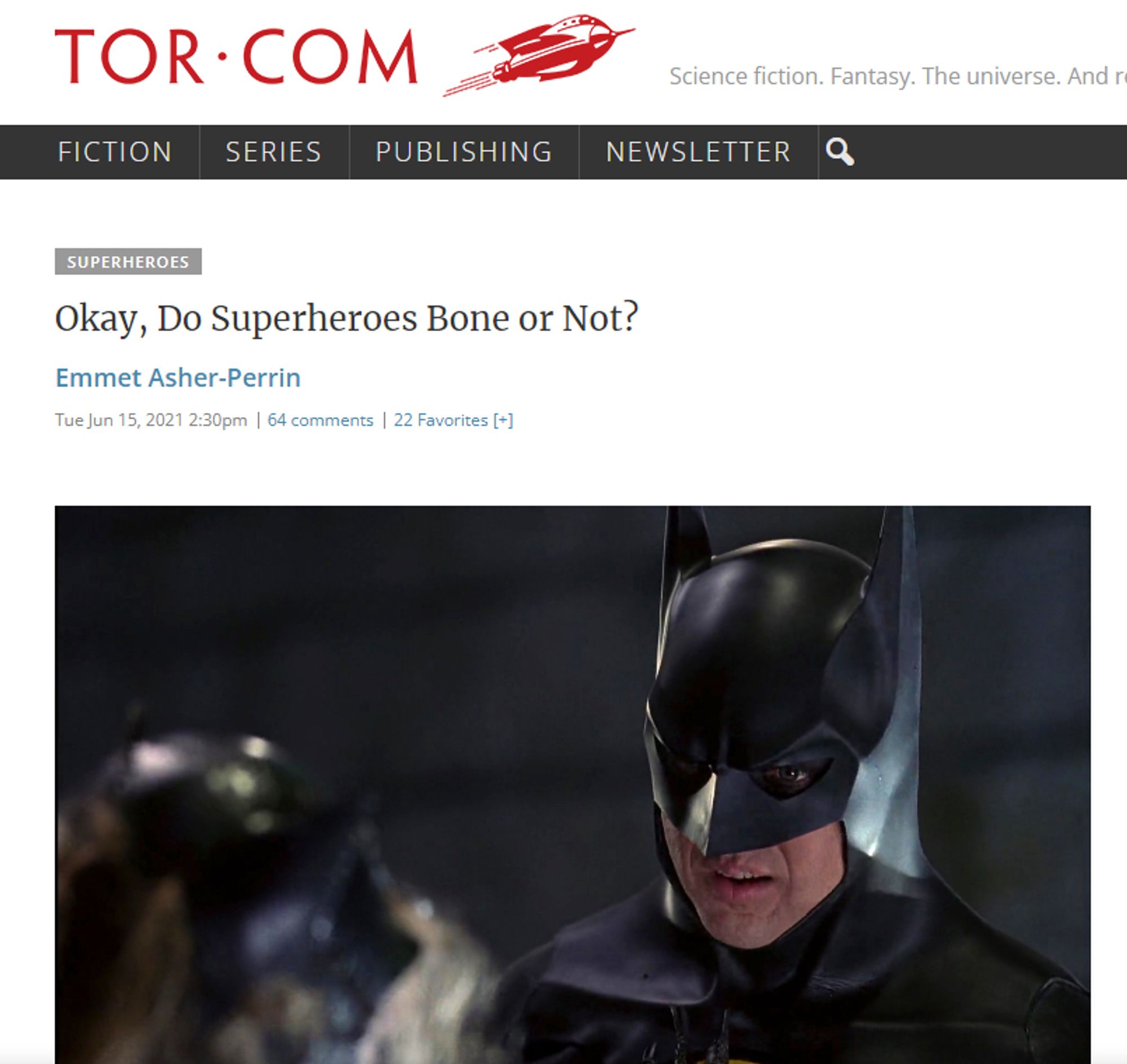 Screenshot of "Okay, Do Superheroes Bone or Not?" published at Tor.com on June 15, 2021