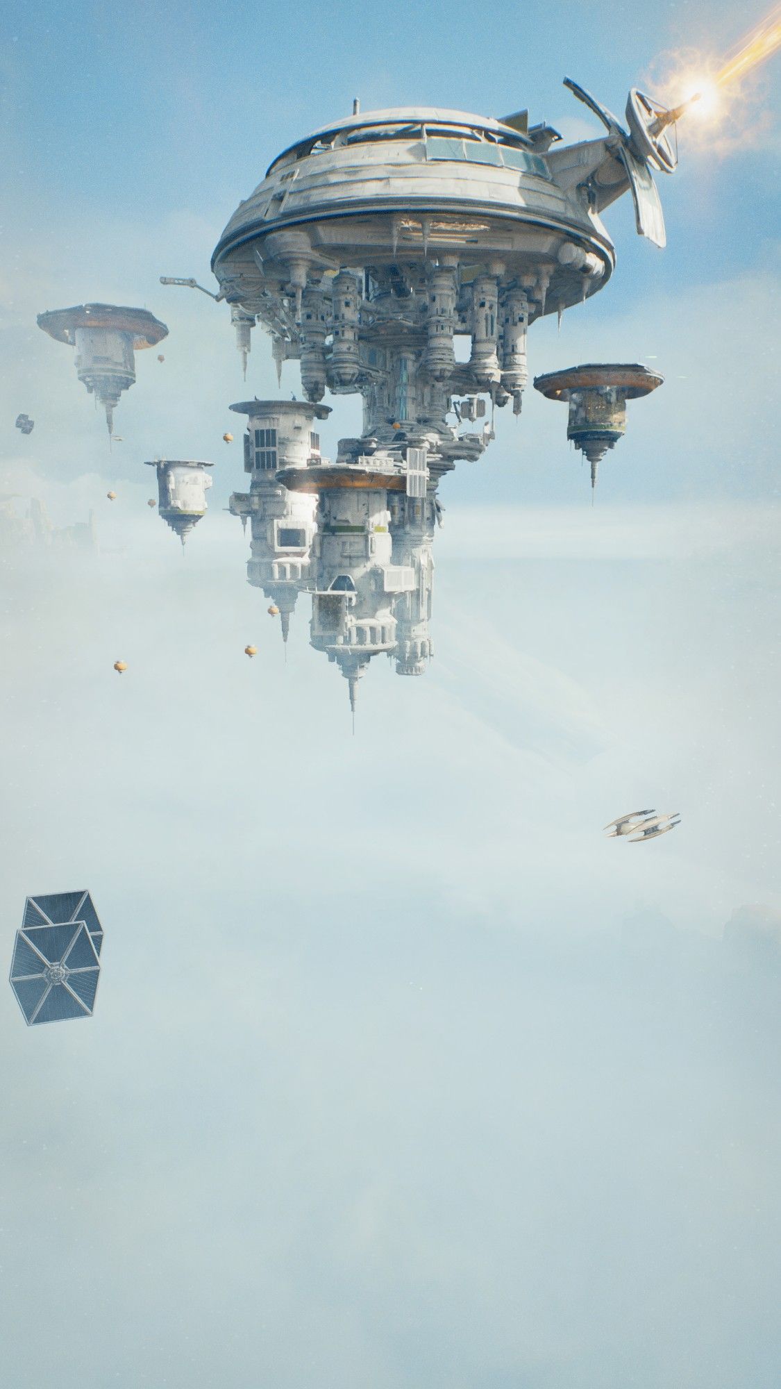 This image appears to depict a floating space station from Star Wars Jedi: Survivor. The central structure is a massive, circular platform with multiple smaller platforms connected to it, resembling a honeycomb. Buildings and structures are visible on the platforms. In the background, there are smaller floating platforms, as well as TIE fighters. The scene suggests a battle or conflict is taking place.
