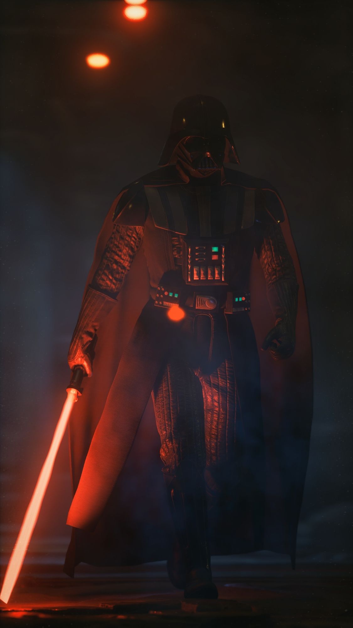 This image features Darth Vader, the iconic villain from the Star Wars universe, in a menacing pose. His imposing figure is silhouetted against a dark background, illuminated only by the ominous glow of his red lightsaber. The details of his suit and helmet are clearly visible, emphasizing his intimidating presence. The overall atmosphere is one of fear, darkness, and the overwhelming power of the Dark Side.
