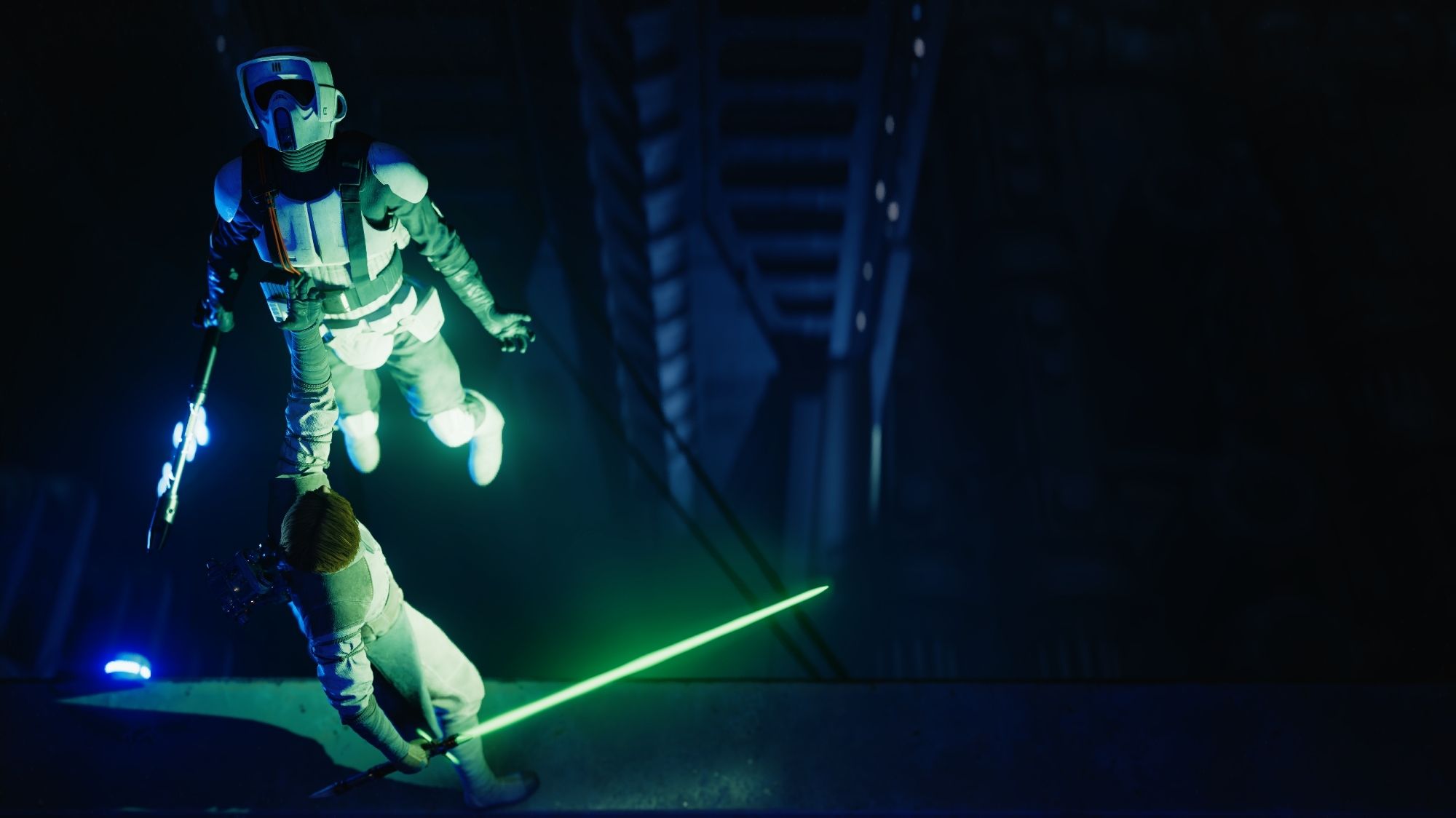 The image depicts a dramatic scene from the video game "Star Wars Jedi: Survivor." Cal Kestis, a Jedi Knight, is using the Force to hold a Purge Trooper, a specialized Stormtrooper, above the edge of a building. The Purge Trooper is struggling, trying to break free from Cal's grip, while Cal's lightsaber is ignited, casting a green glow on the scene. The background is dark with industrial structures visible.