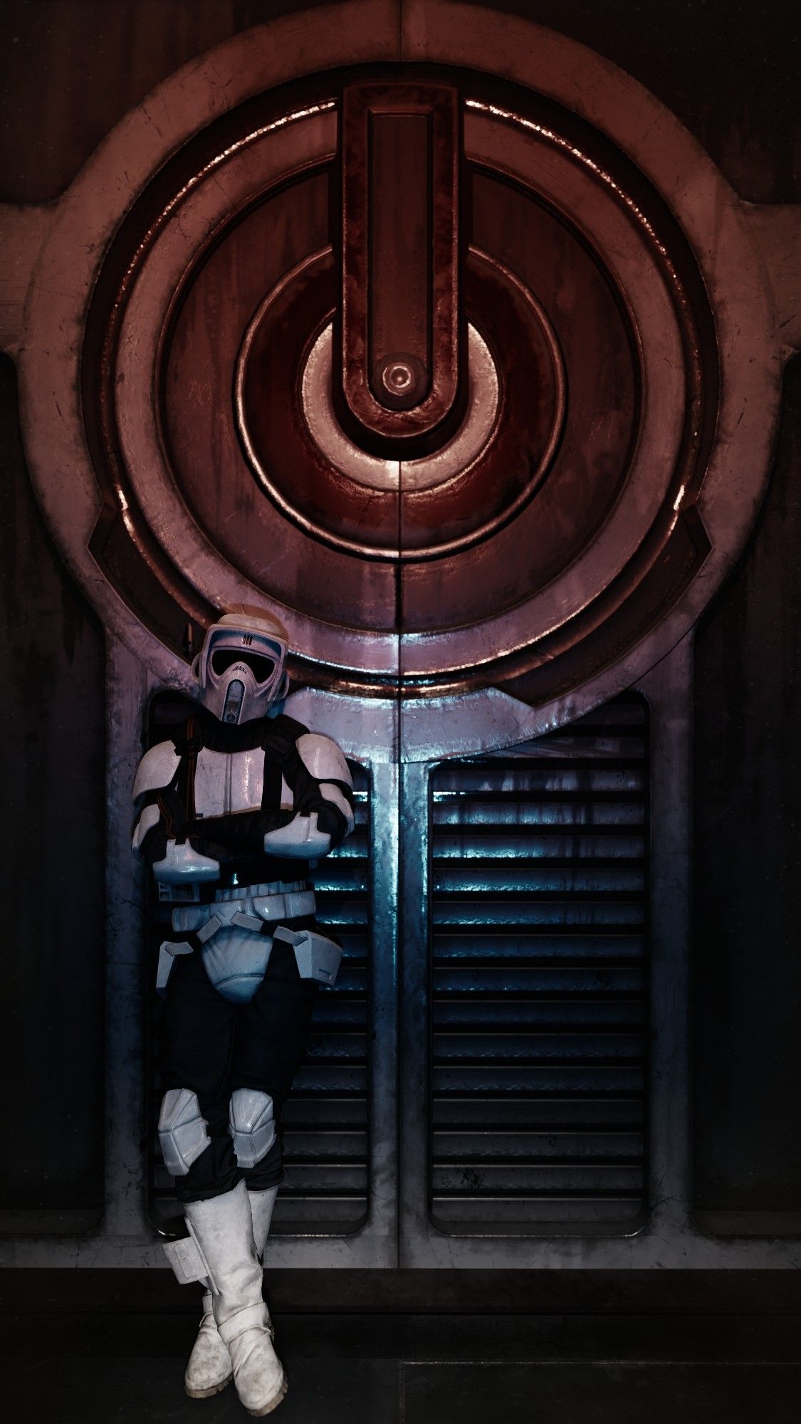 A stormtrooper, clad in white armor, stands casually leaning against a massive blast door. The door has a complex, metallic design with glowing red accents. The stormtrooper's helmet visor is reflective, obscuring their eyes. Red and blue lights shine dimly over the scene covering most of the for and trooper, whose boots are the only things still white.  The background is dark and shadowy, creating a sense of mystery and tension.